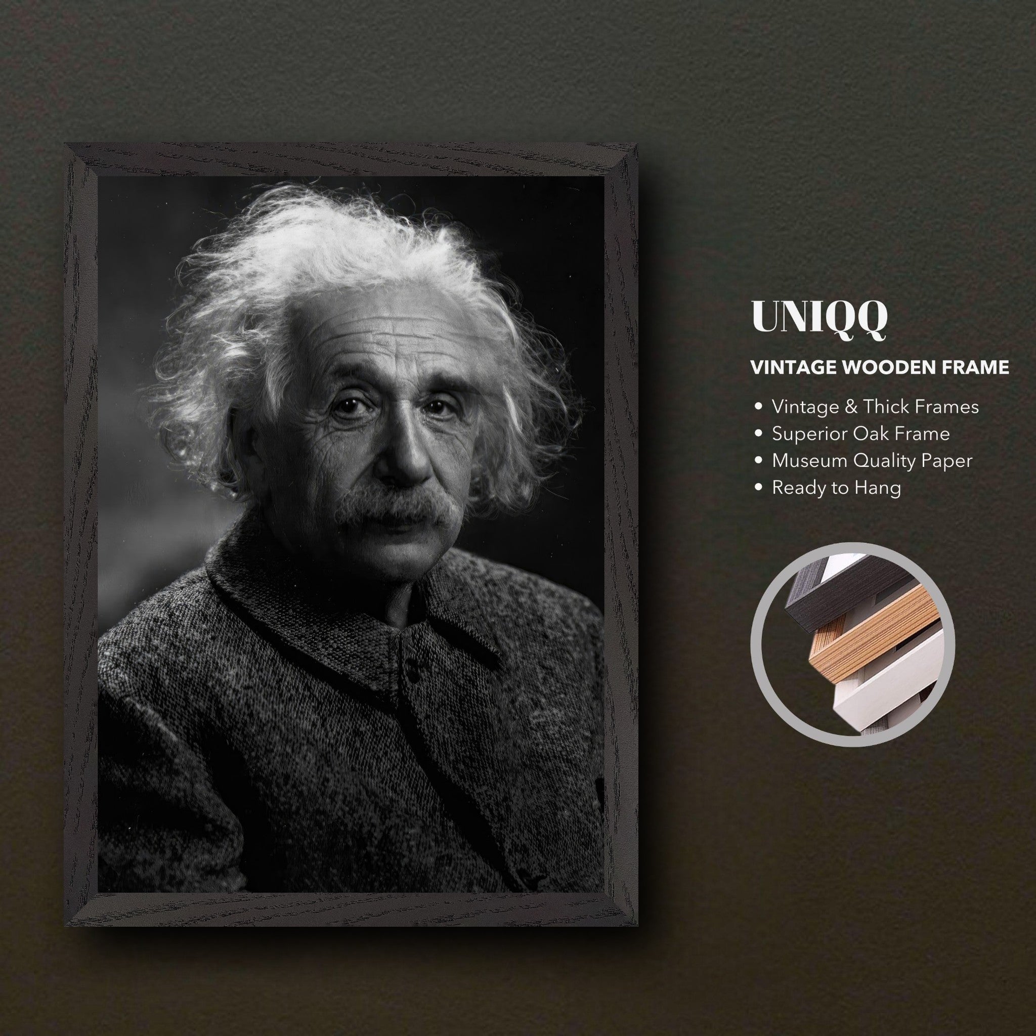 Albert Einstein vintage framed portrait print, black-and-white, premium quality, ready to hang, sophisticated decor.
