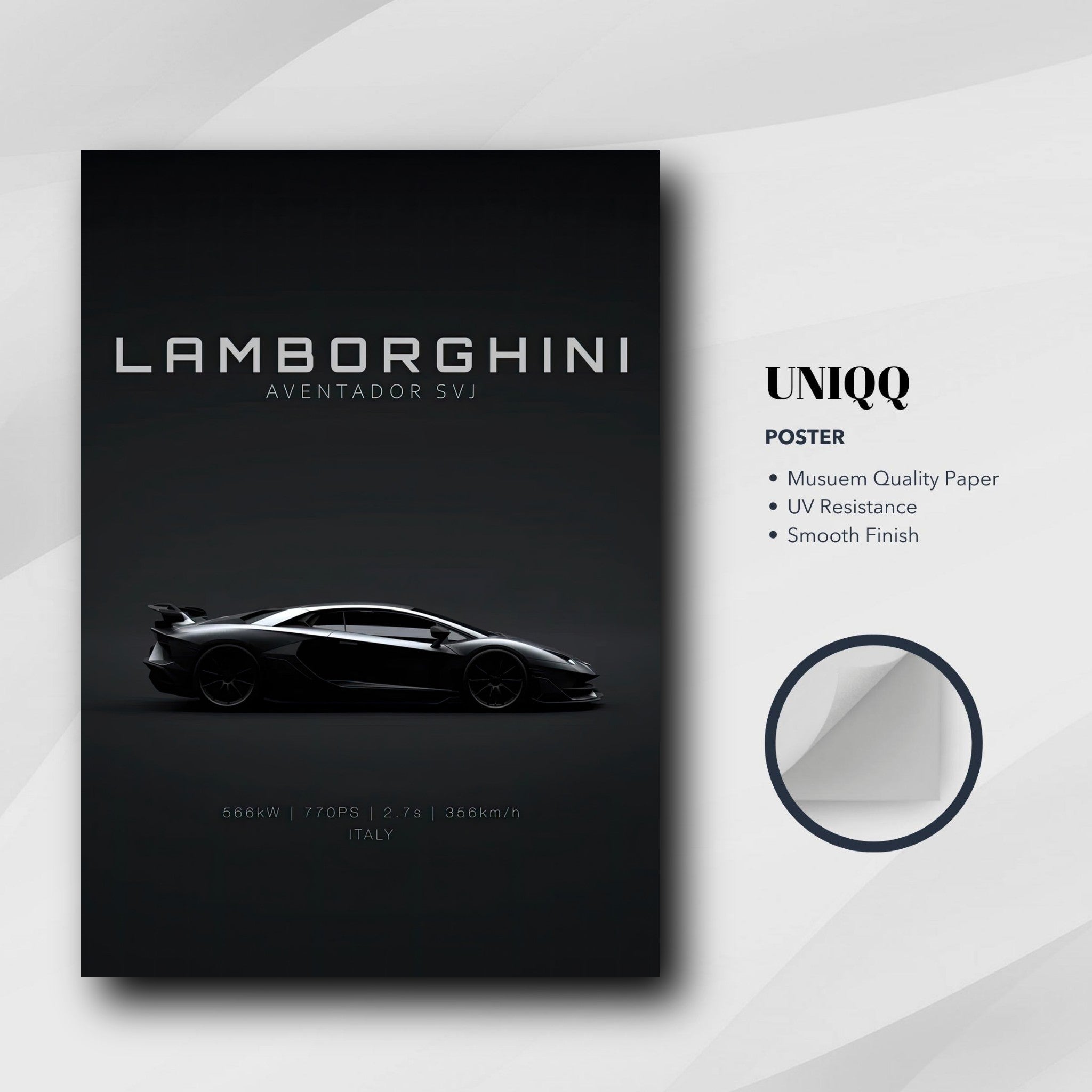 Lamborghini Aventador SVJ poster showcasing sleek design, 770hp, and top speed of 356 km/h, printed on museum quality paper.