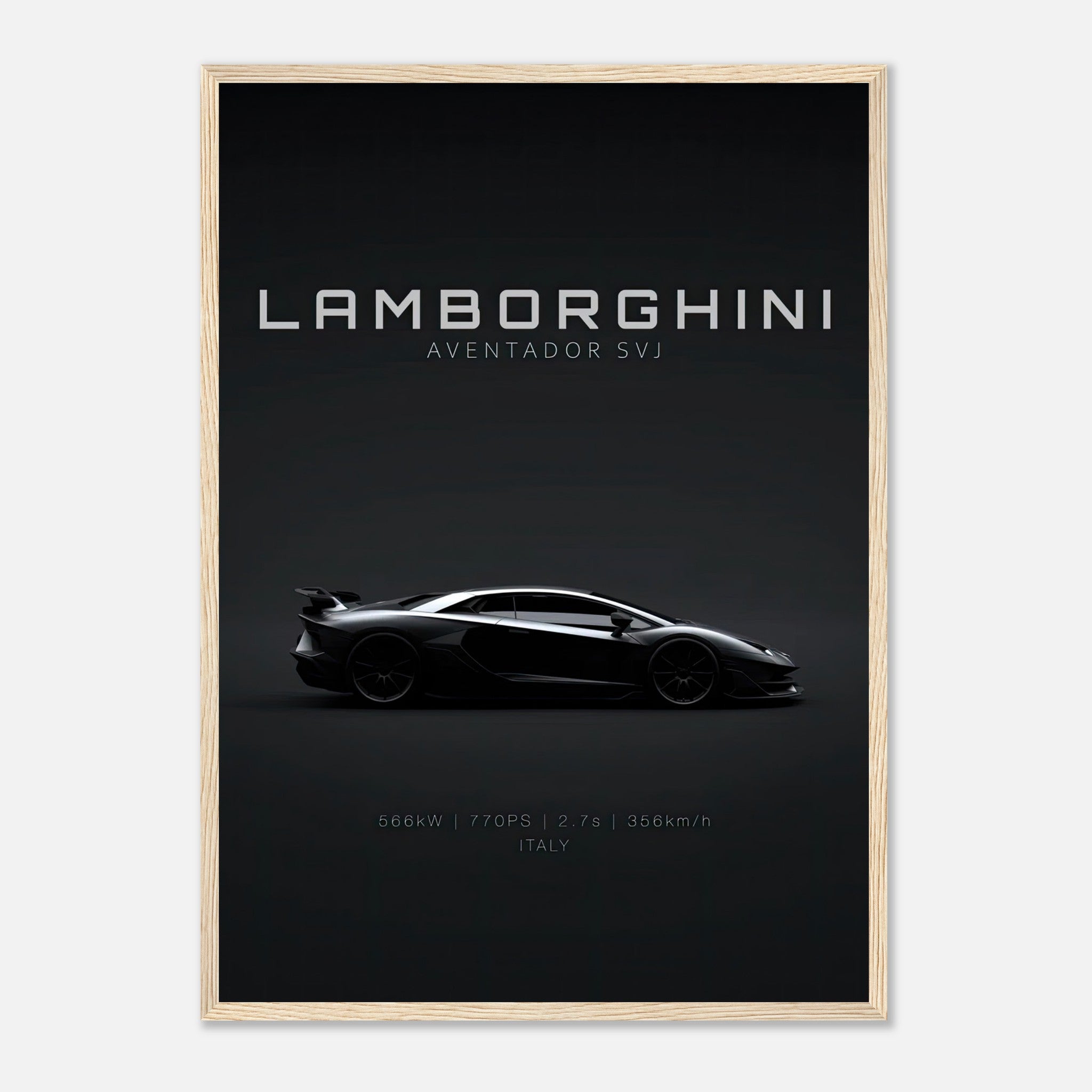 Lamborghini Aventador SVJ framed poster showcasing sleek silhouette and details, perfect for car enthusiasts.