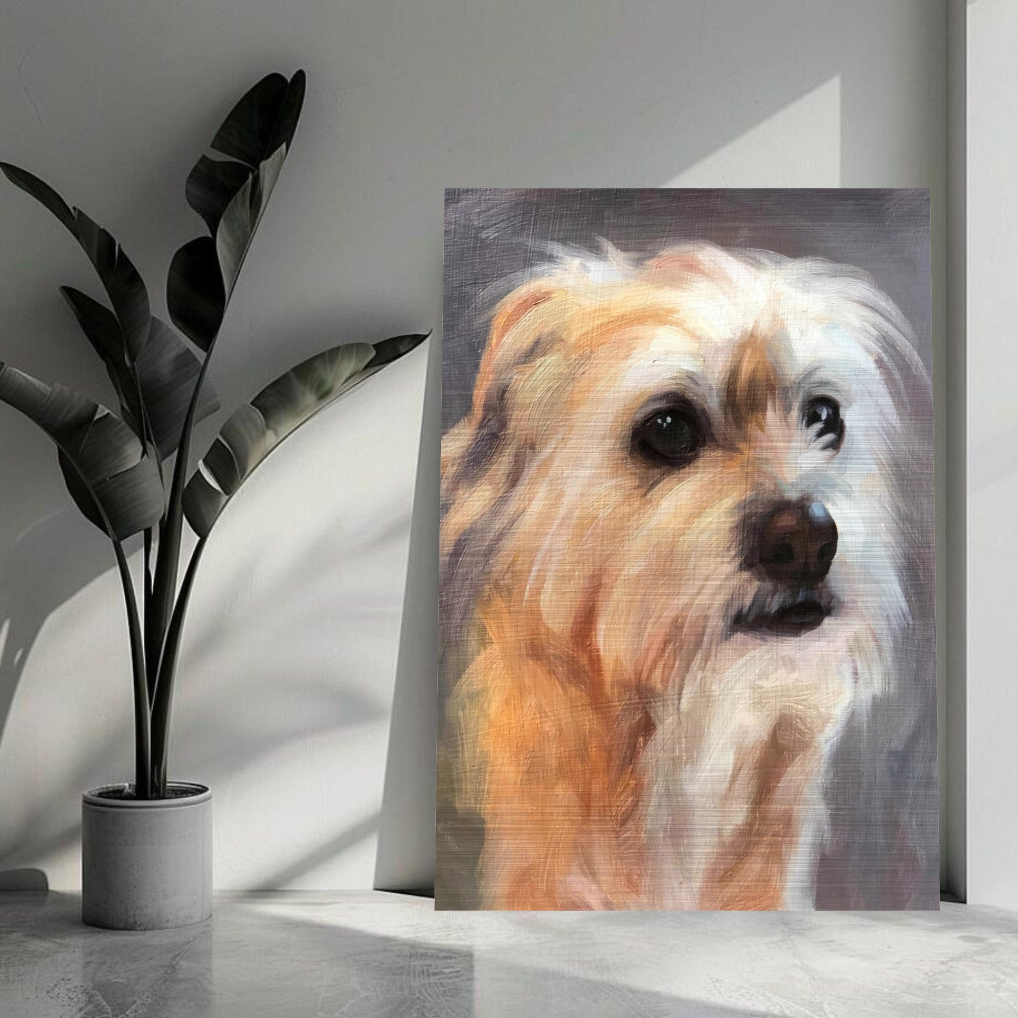 Terrier dog painting on brushed metal showcasing expressive eyes and textured fur, perfect for pet lovers.