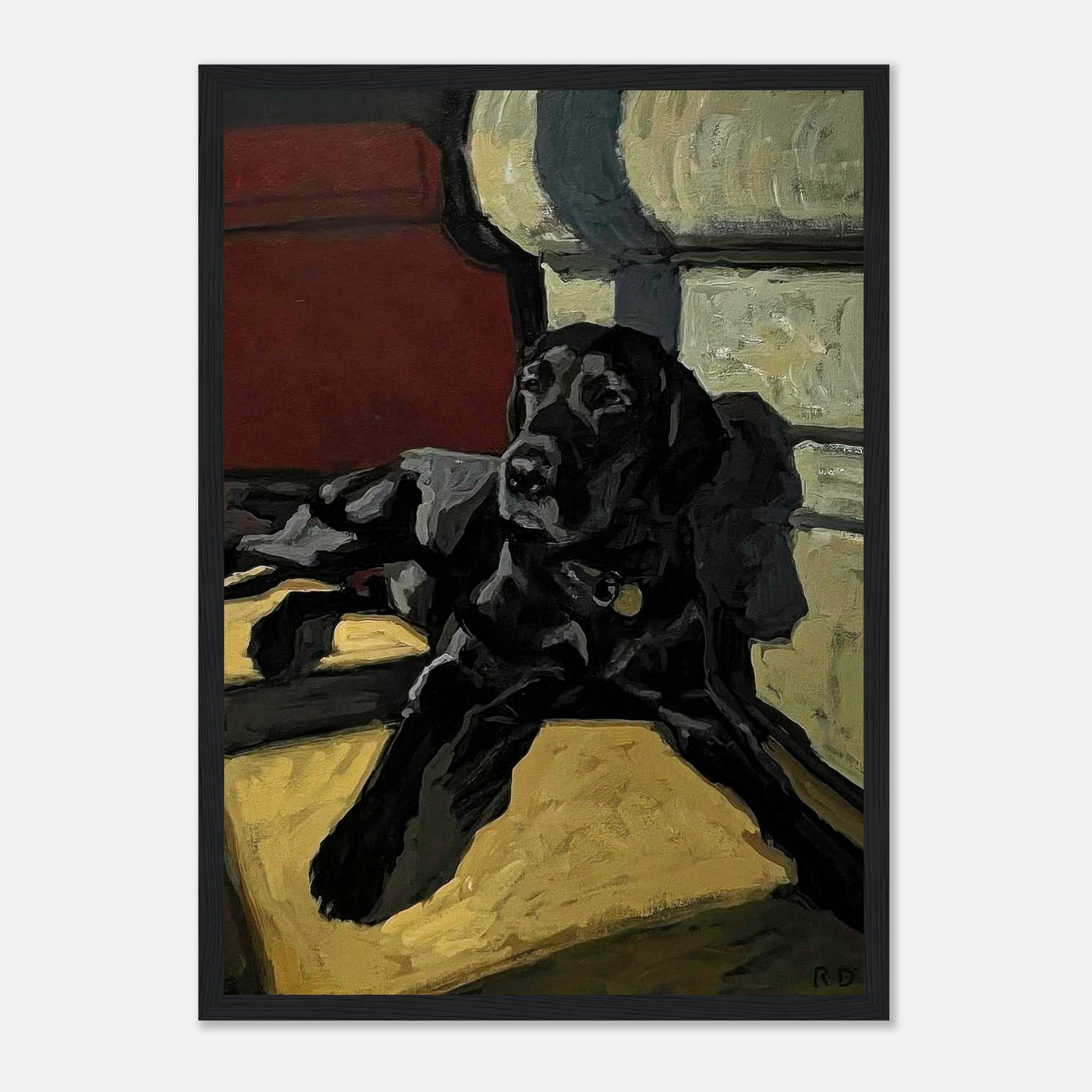 Framed print of a black Labrador lounging in a cozy setting with earthy tones and expressive brushstrokes.