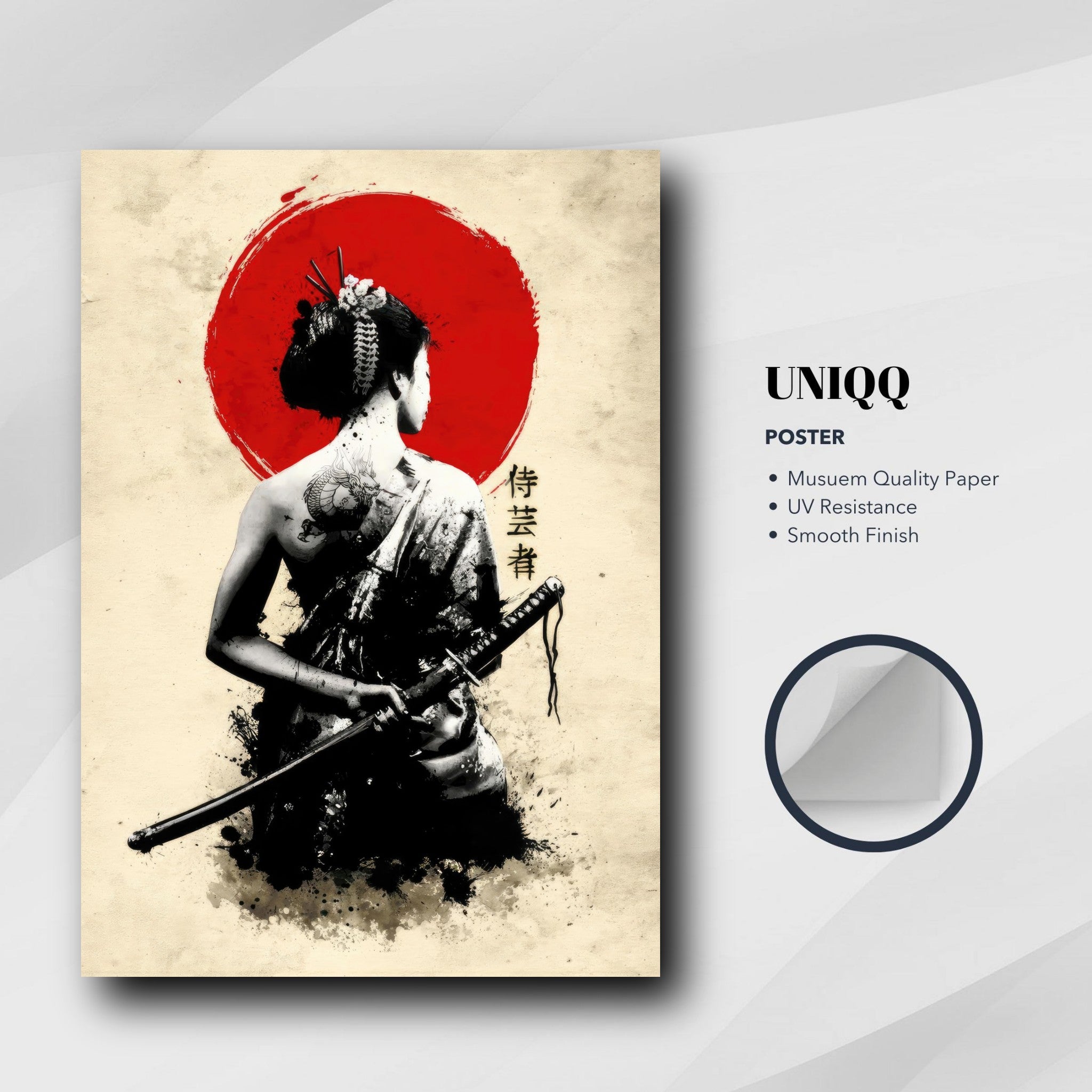 Samurai Geisha poster featuring a geisha with katana and a red sun background, symbolizing elegance and strength.