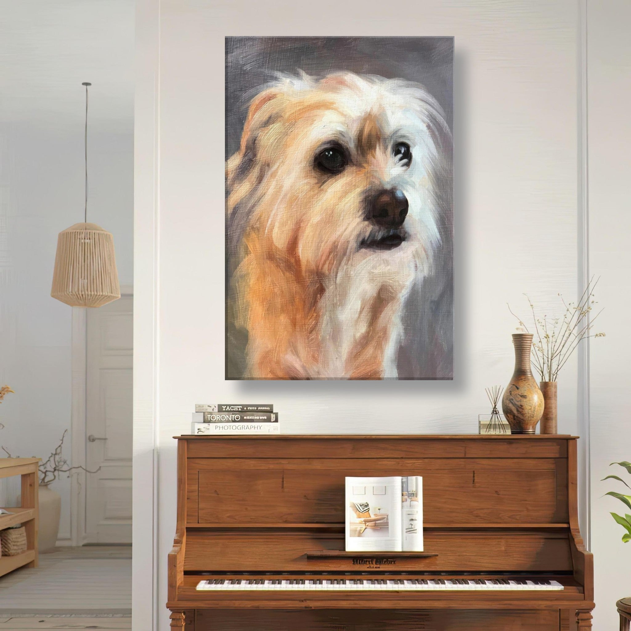 Terrier dog painting on canvas in a cozy living room above a piano, showcasing expressive eyes and rich colors.