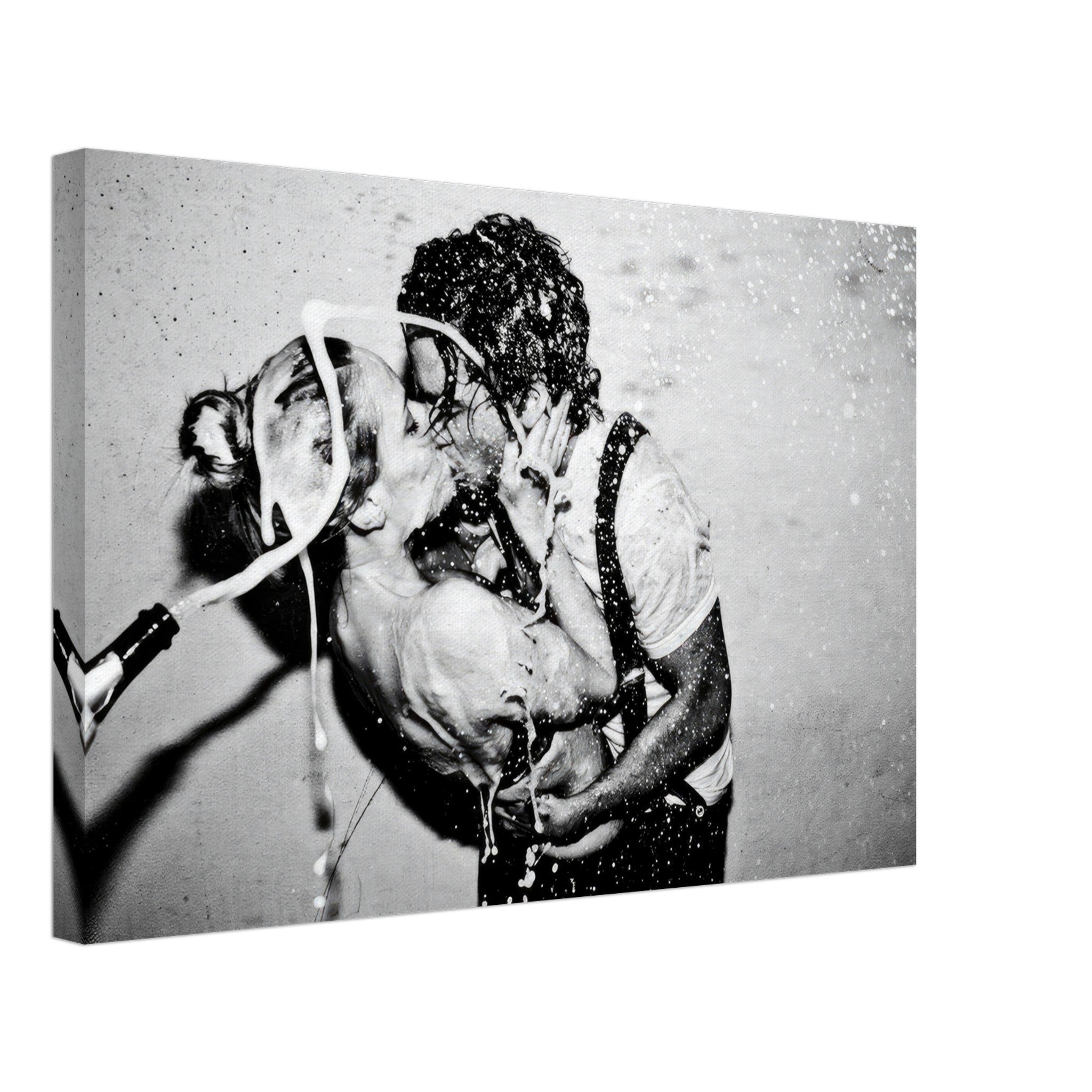 The Champagne Kiss canvas print of Johnny Depp and Kate Moss in a passionate embrace with champagne splashes.