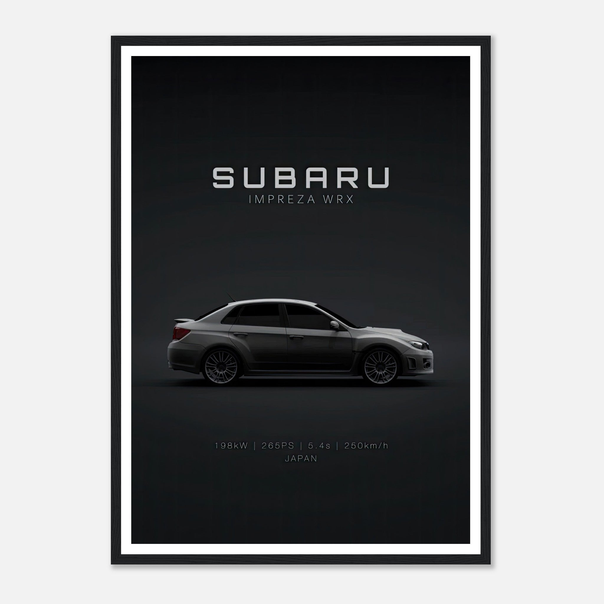 Subaru WRX framed poster showcasing the iconic car in a sleek, minimalist design against a dark background.