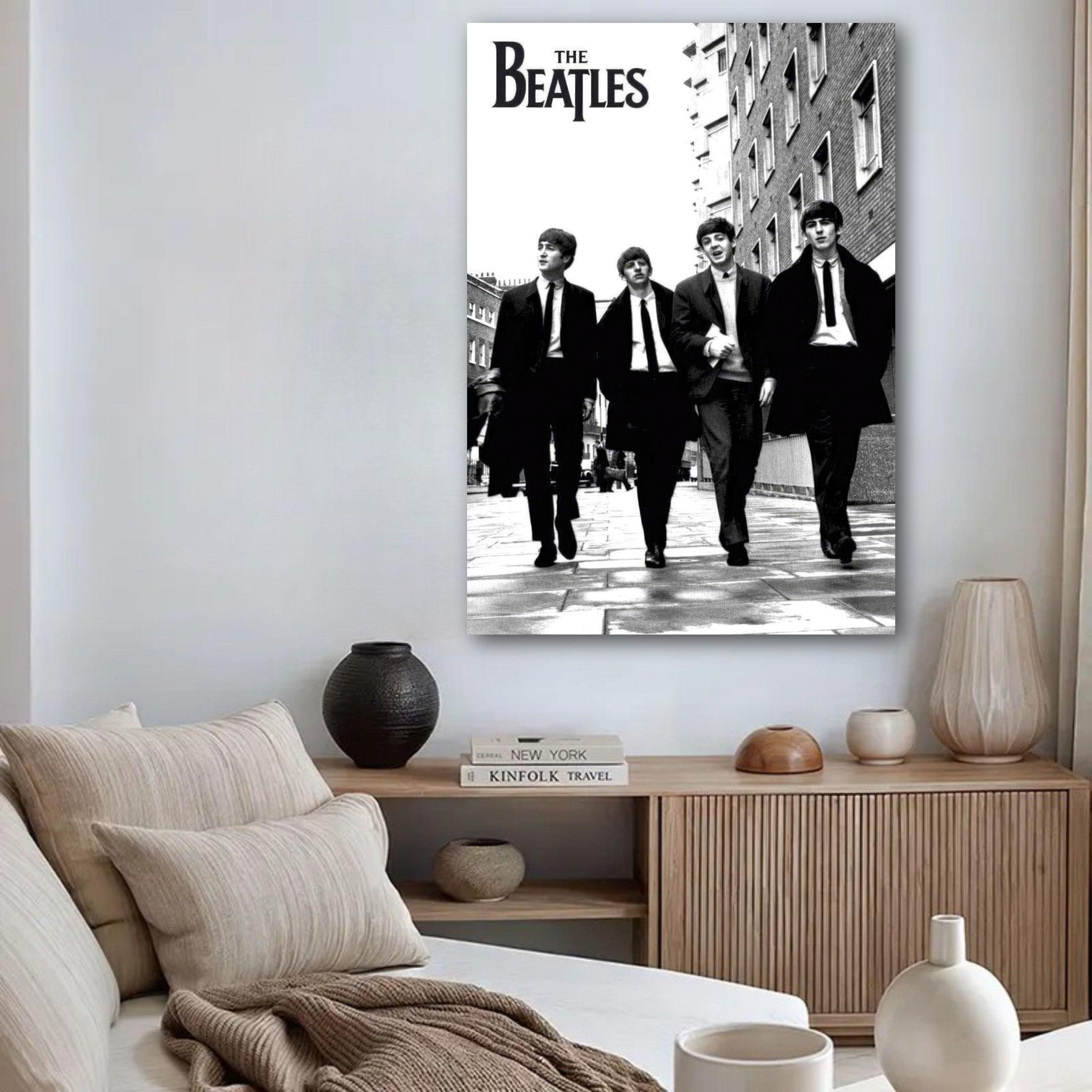 The Beatles cover poster displaying the iconic band walking in suits, perfect for music lovers and nostalgic decor.
