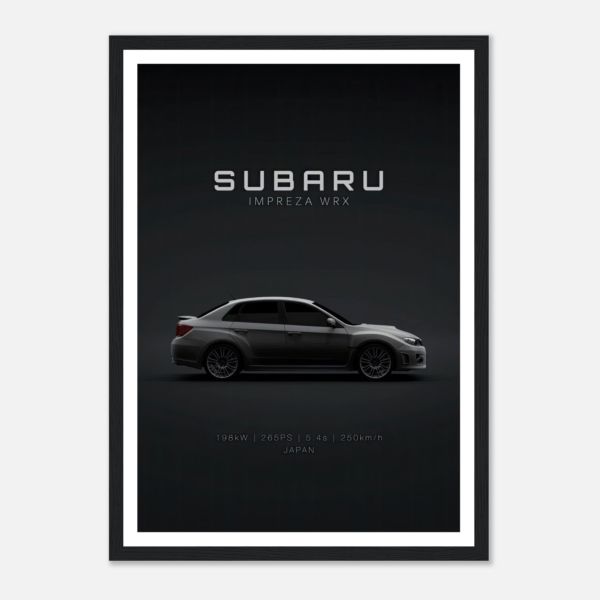 Subaru WRX framed poster featuring sleek design and minimalist style on a dark background.