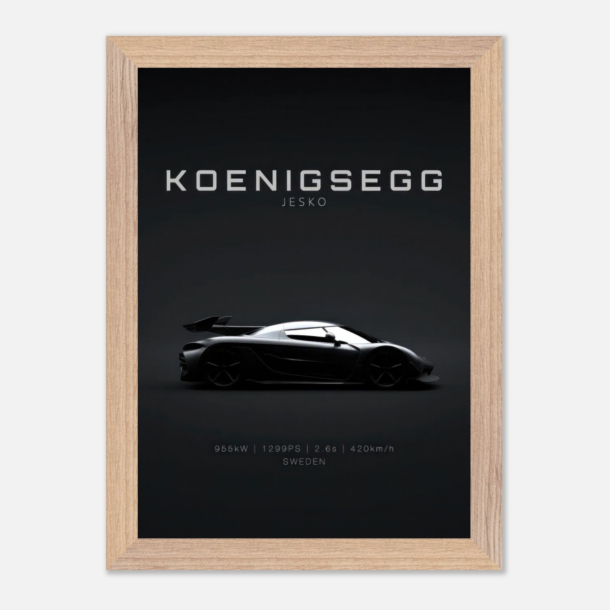 Koenigsegg Jesko vintage framed art featuring sleek car profile on a minimalist background.