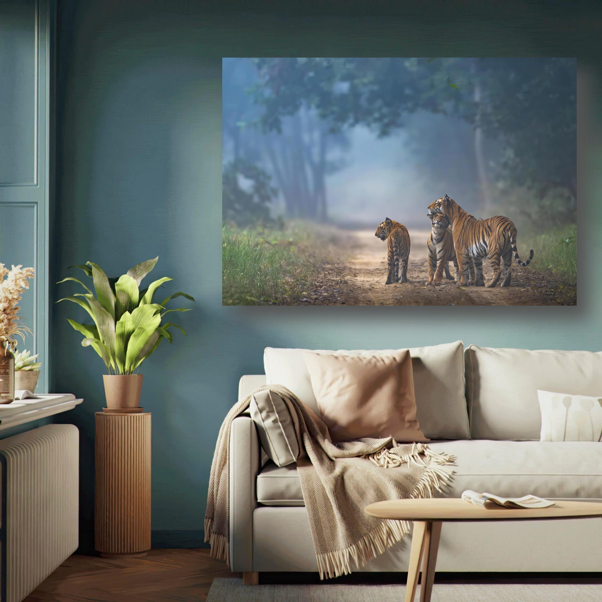 Intimate scene of a tiger family walking along a forest path in a serene, nature-inspired setting.