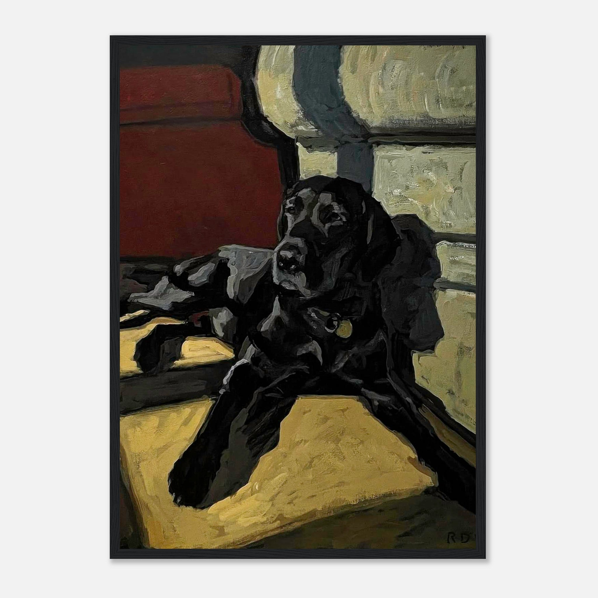 Black Labrador dog painting framed print showcasing a loyal dog lounging in warm earthy tones.
