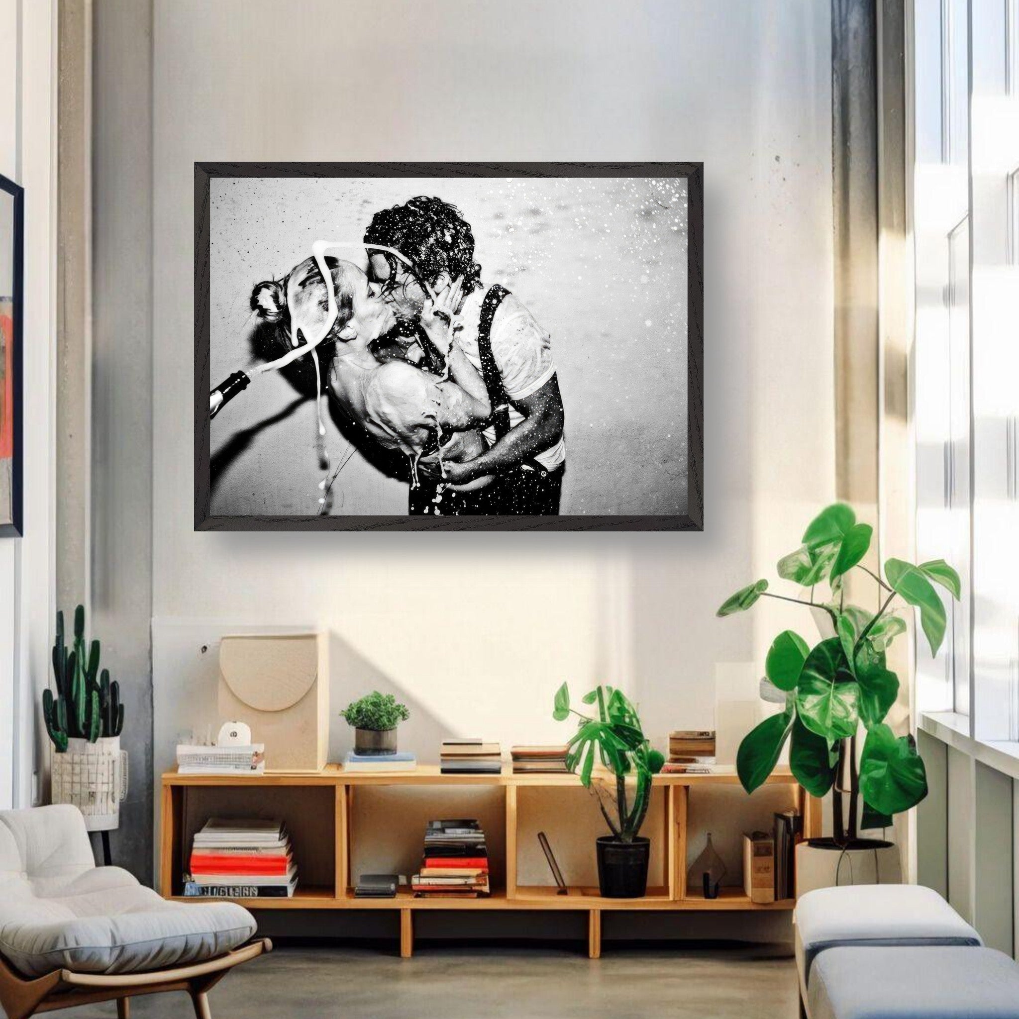 Vintage framed art of Johnny Depp and Kate Moss sharing a passionate kiss, celebrating love and rock 'n' roll aesthetics.