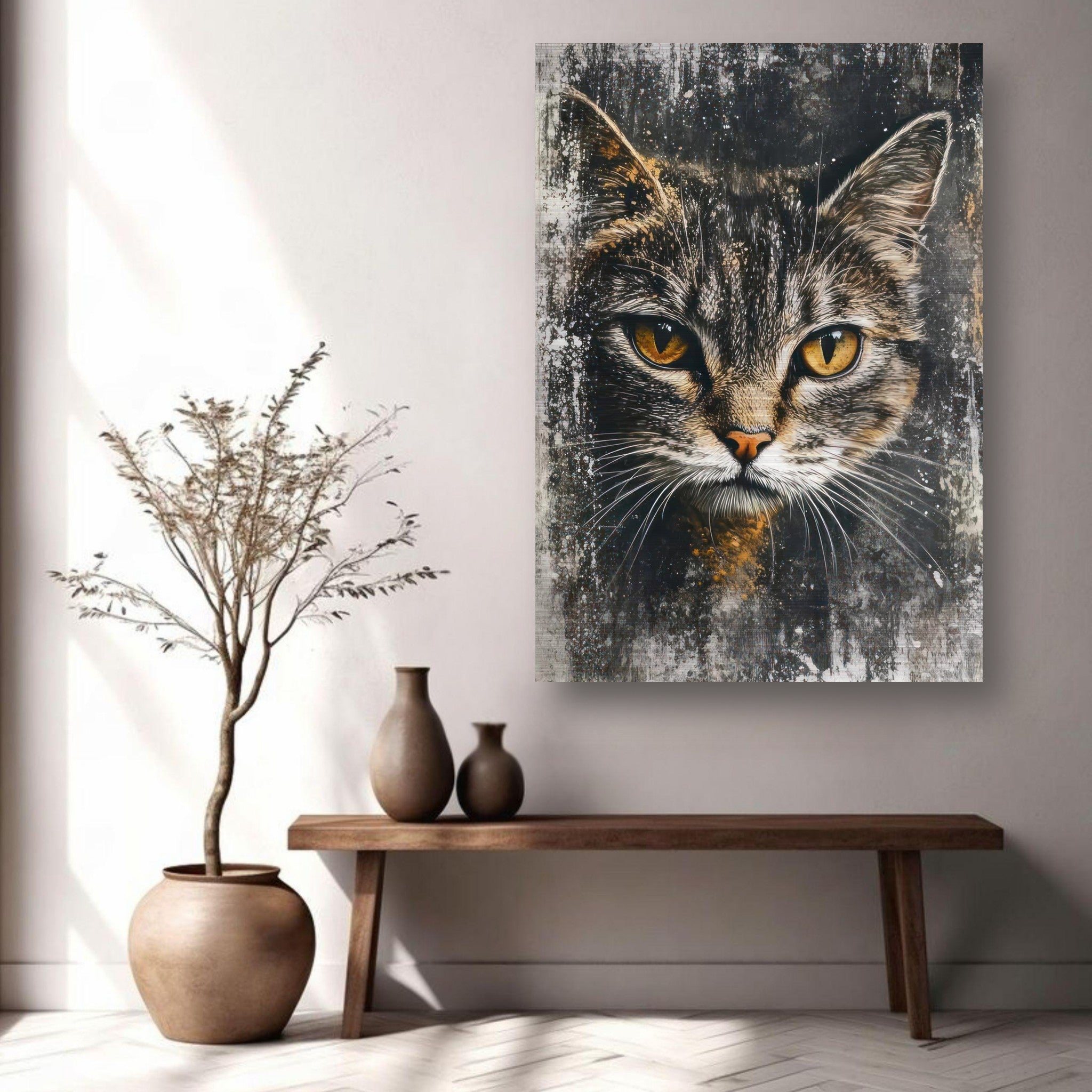 Cat painting artwork on brushed metal, featuring detailed feline with striking yellow eyes in modern home decor.