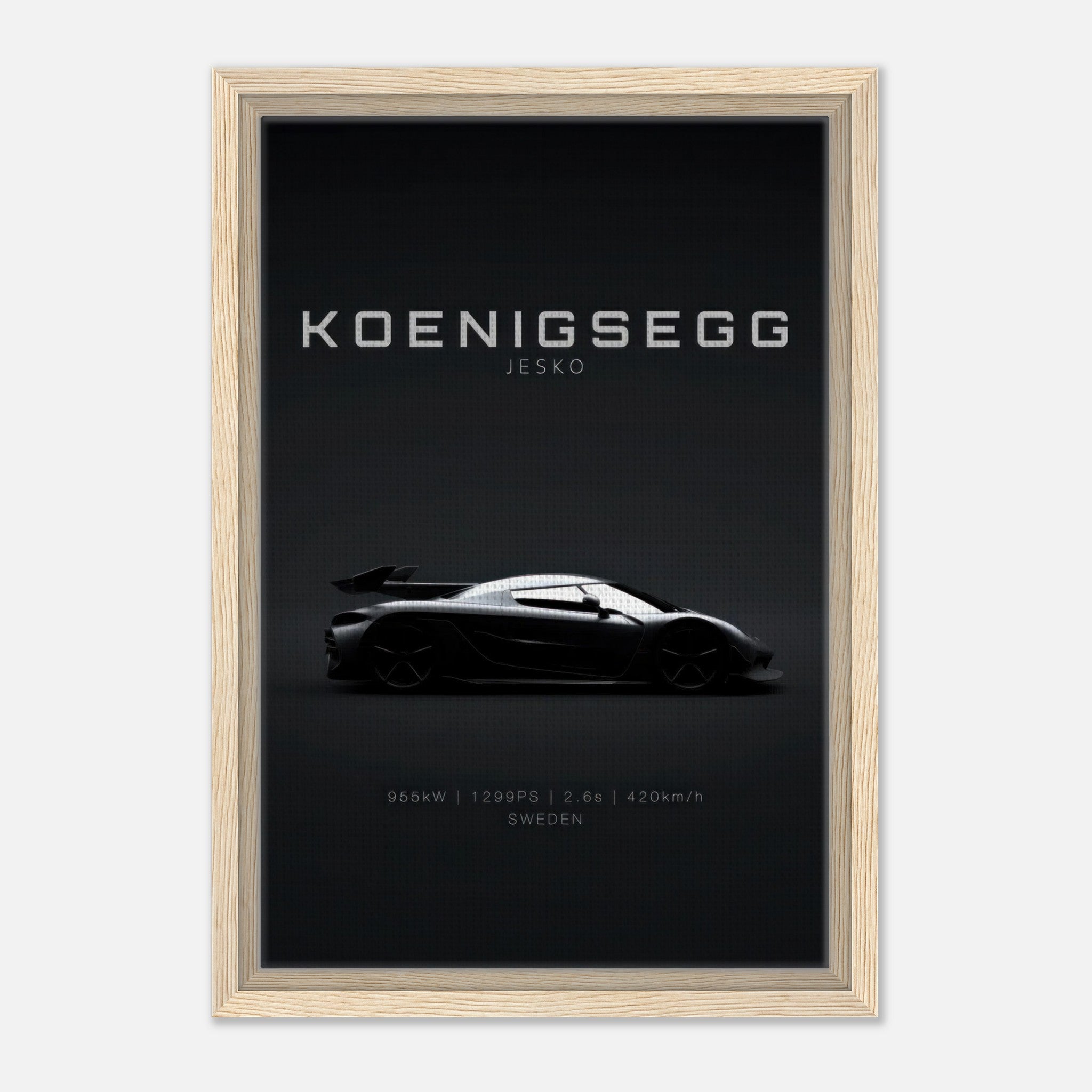 Koenigsegg Jesko framed canvas print showcasing sleek silhouette on minimalist backdrop.