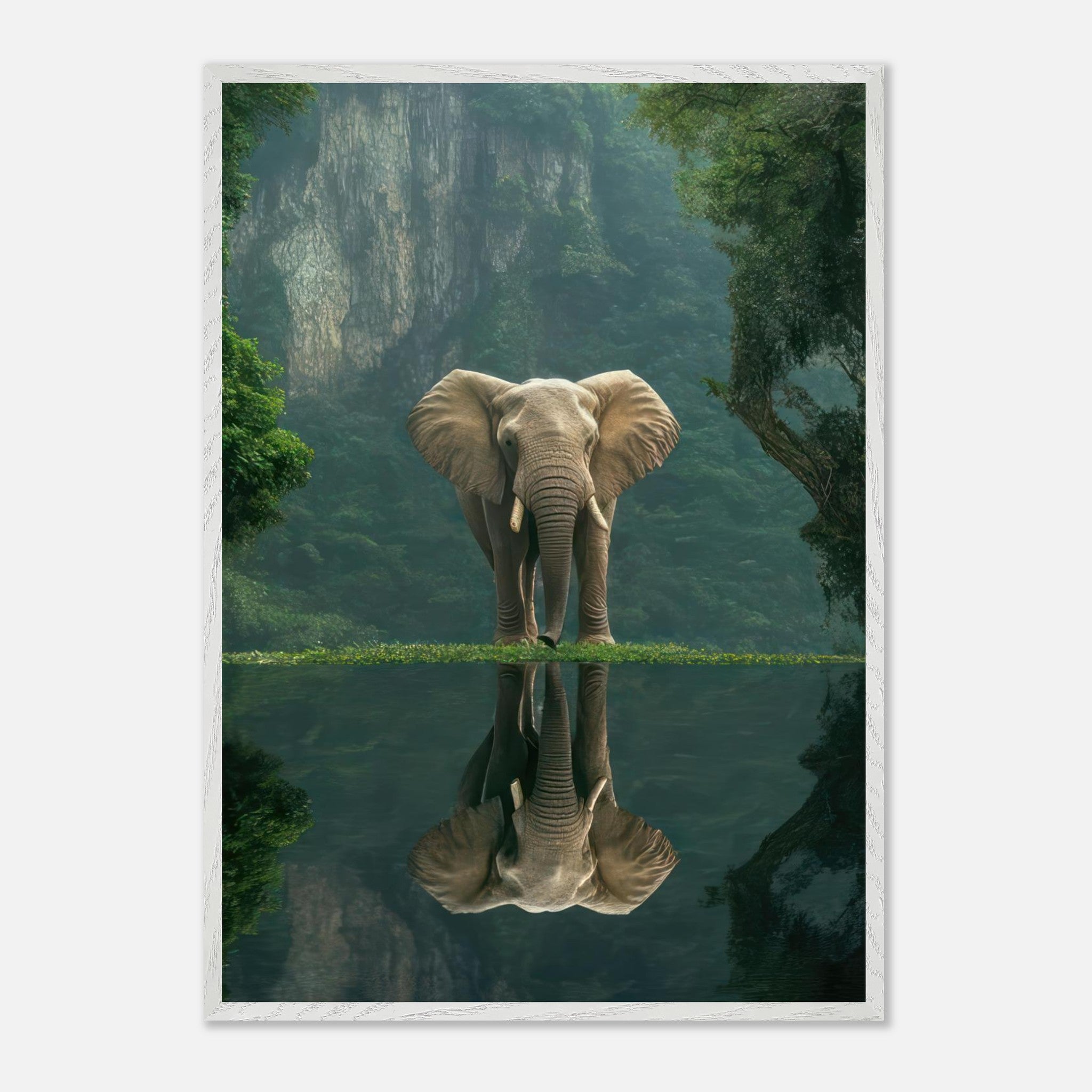 Majestic jungle elephant portrait framed print reflecting in water, surrounded by lush greenery and misty forest backdrop.