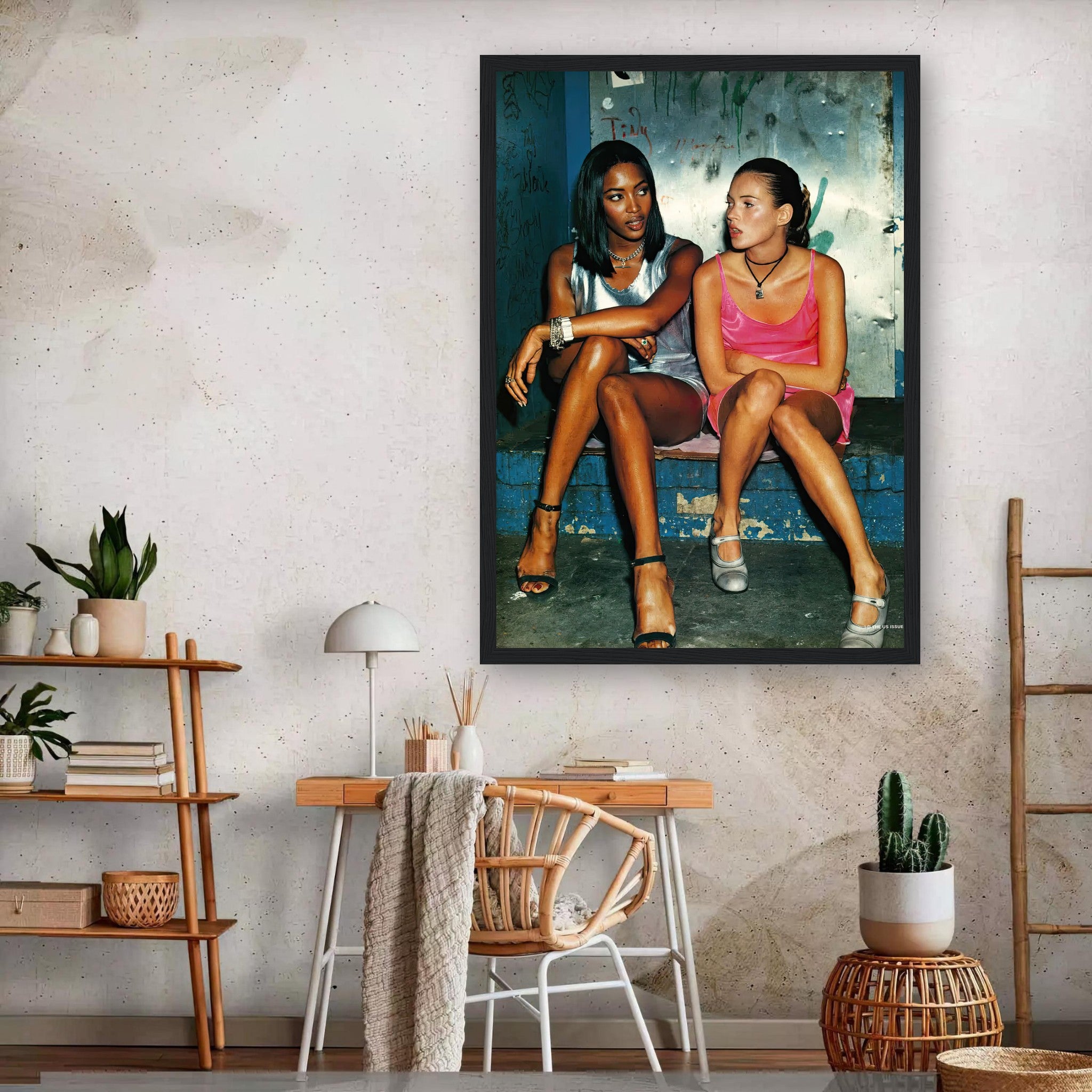 Framed print of Naomi Campbell and Kate Moss in 90s fashion, showcasing their iconic style and timeless beauty.