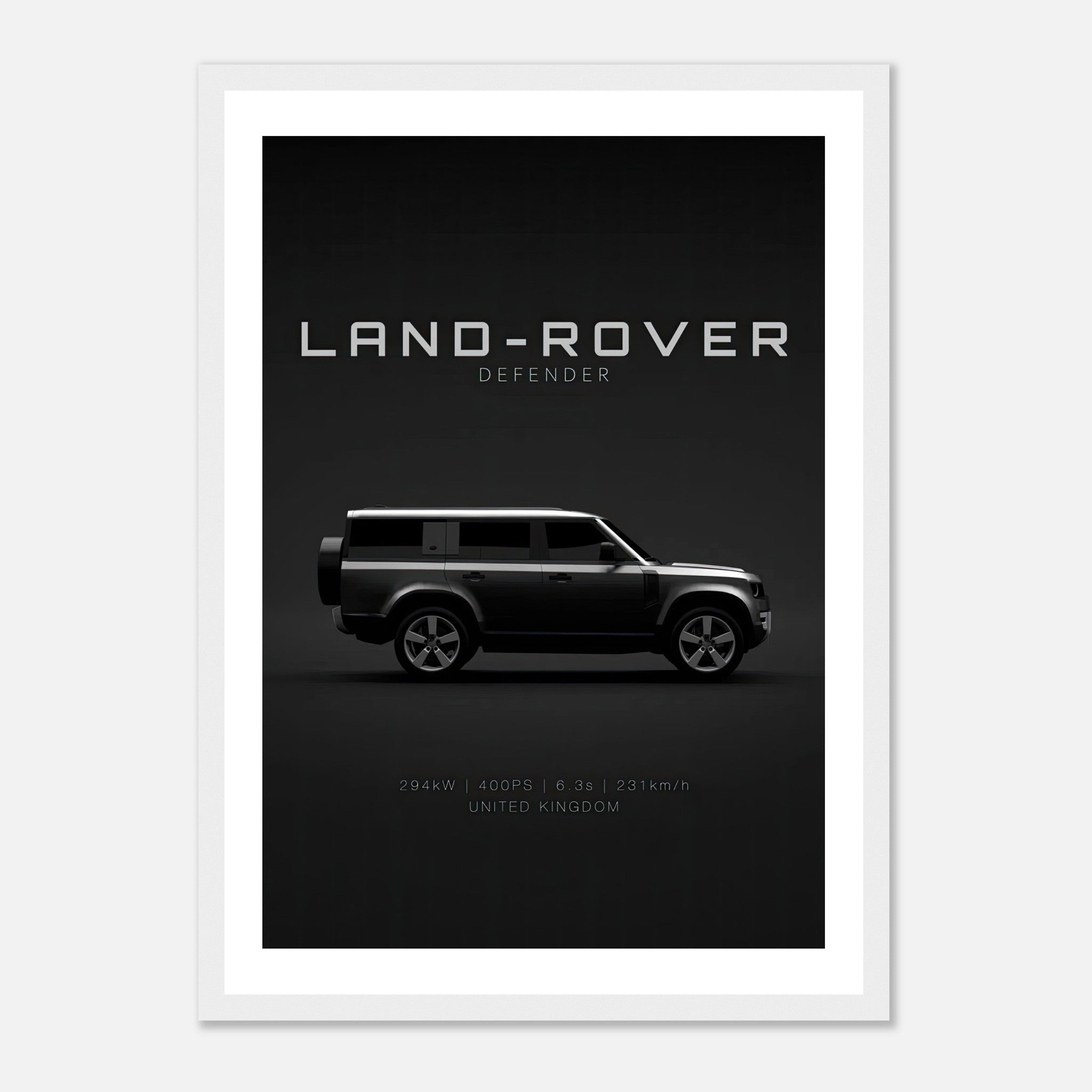 Framed print of Land Rover Defender showcasing its minimalist side profile and rugged elegance.