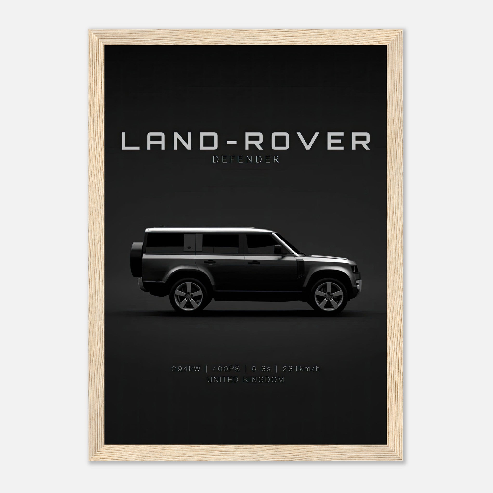 Framed print of Land Rover Defender featuring sleek design and specifications, ideal for auto enthusiasts.