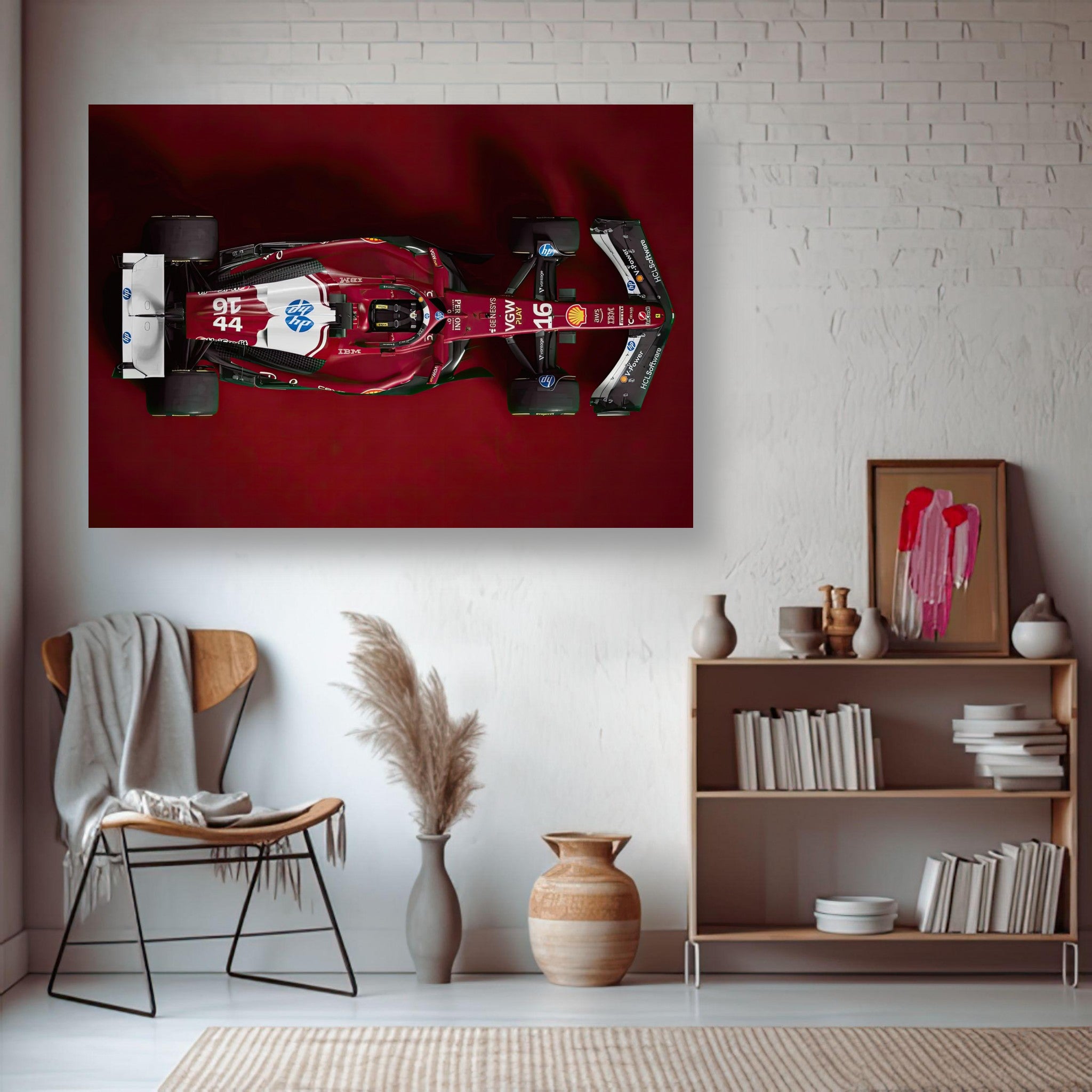 Ferrari F1 2025 metal print showcasing top-down view of Formula 1 car in a stylish interior setting.