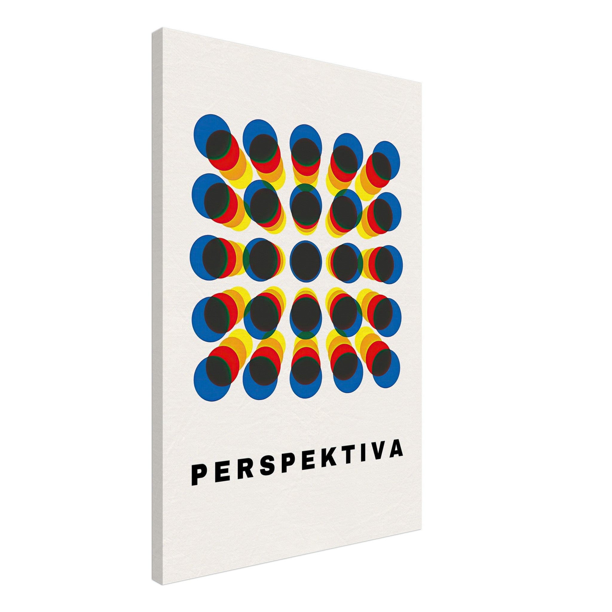 Perspective Abstract Art Canvas Print with geometric design in vibrant blue, red, and yellow hues featuring the word 'PERSPEKTIVA'.