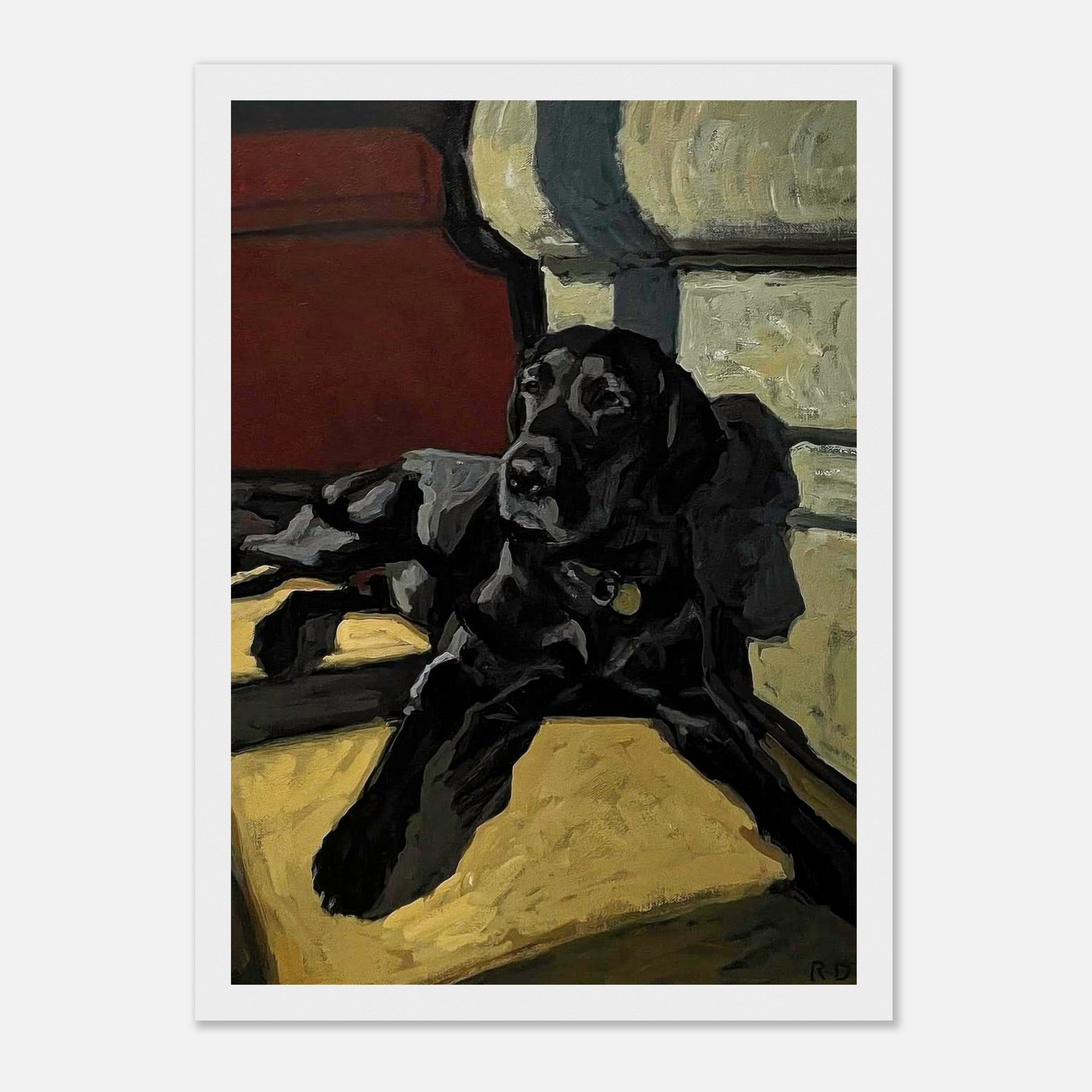Framed print of a black Labrador lounging in a cozy setting, showcasing stunning art and rich earthy tones.