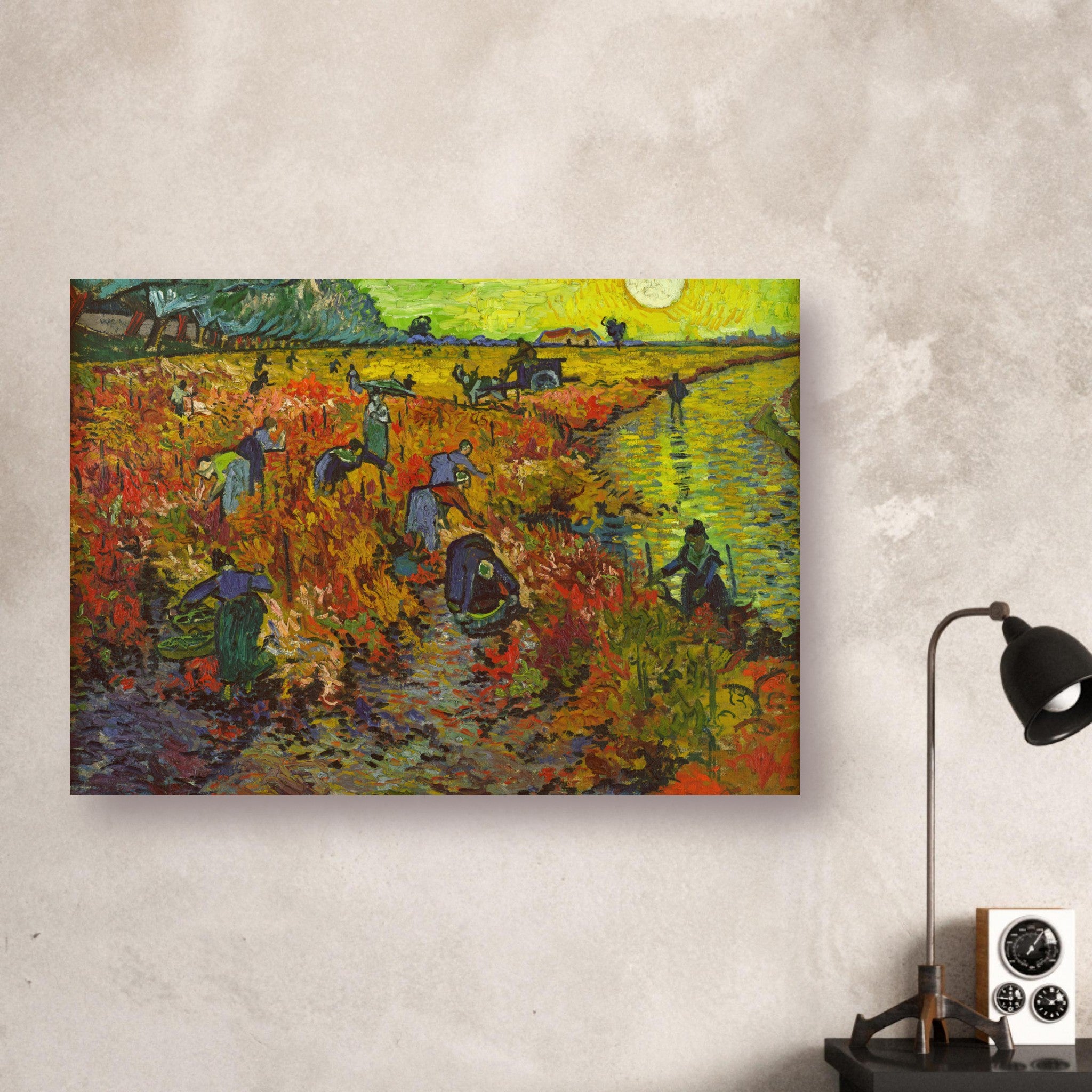 Vincent van Gogh's The Red Vineyard poster featuring vibrant colors and lively vineyard scene.