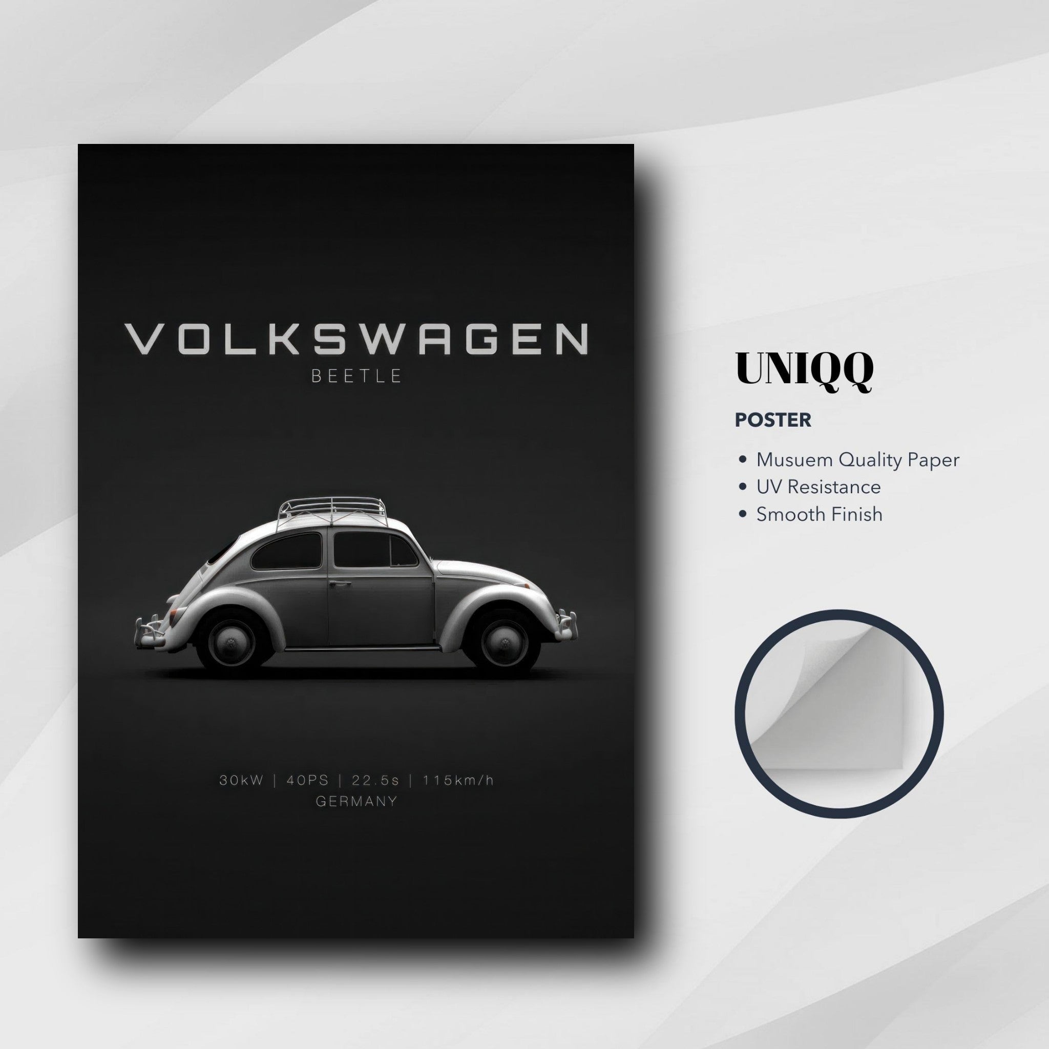 Volkswagen Beetle poster featuring a vintage car design on a minimalist dark background.