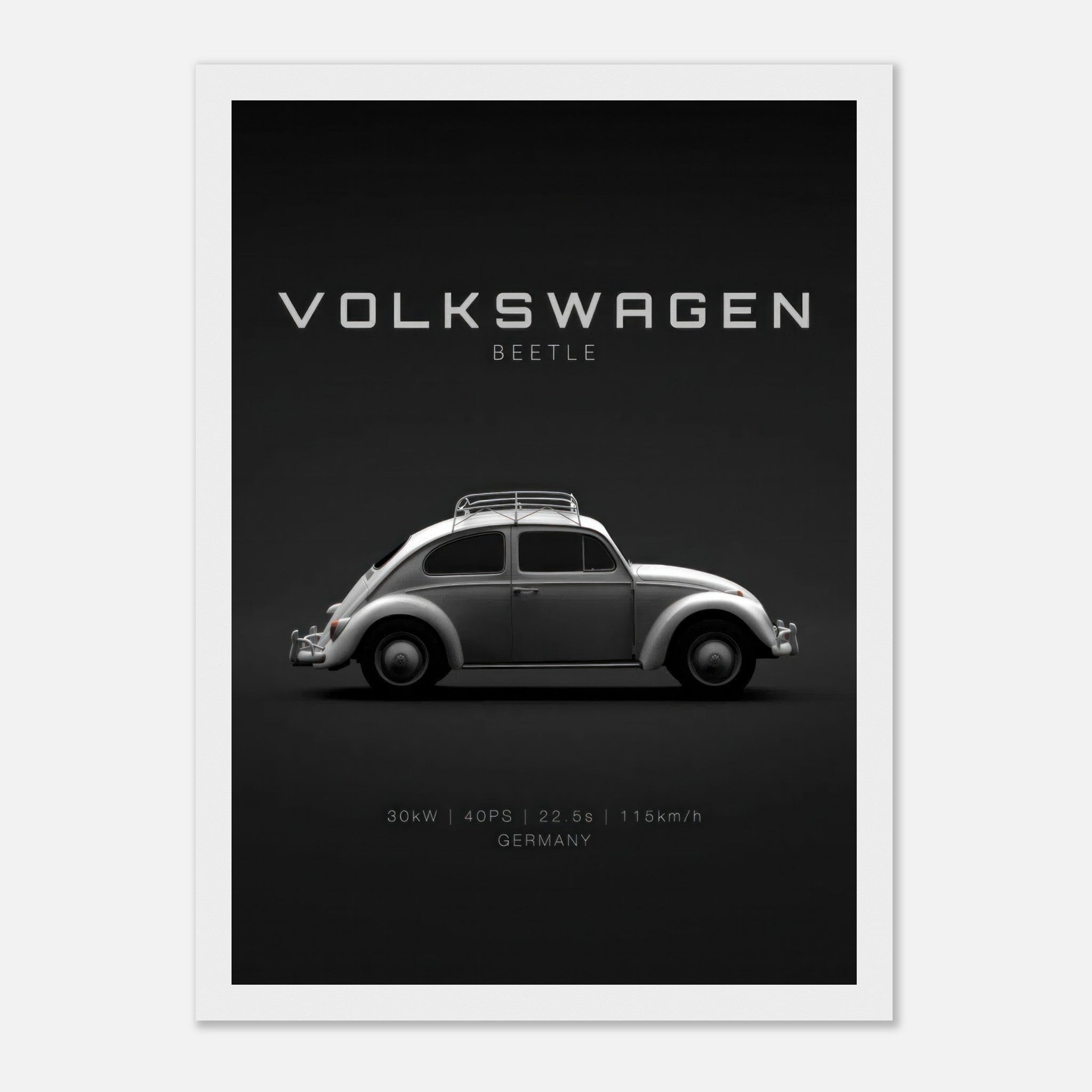 Volkswagen Beetle framed poster featuring sleek side profile on minimalist black background.