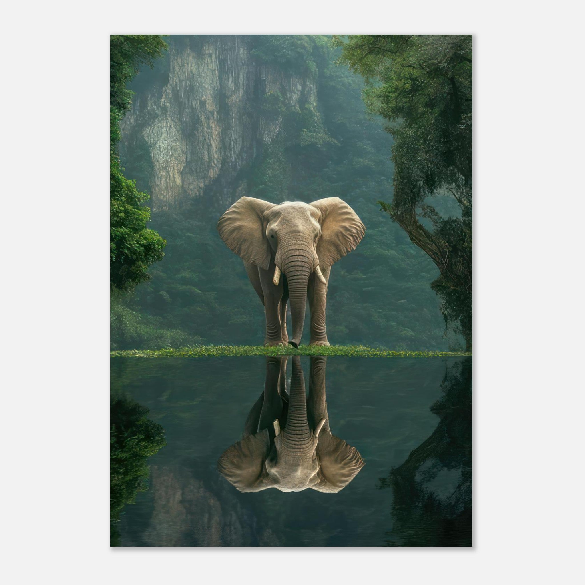 Majestic elephant reflection in serene jungle landscape poster, capturing nature's beauty.