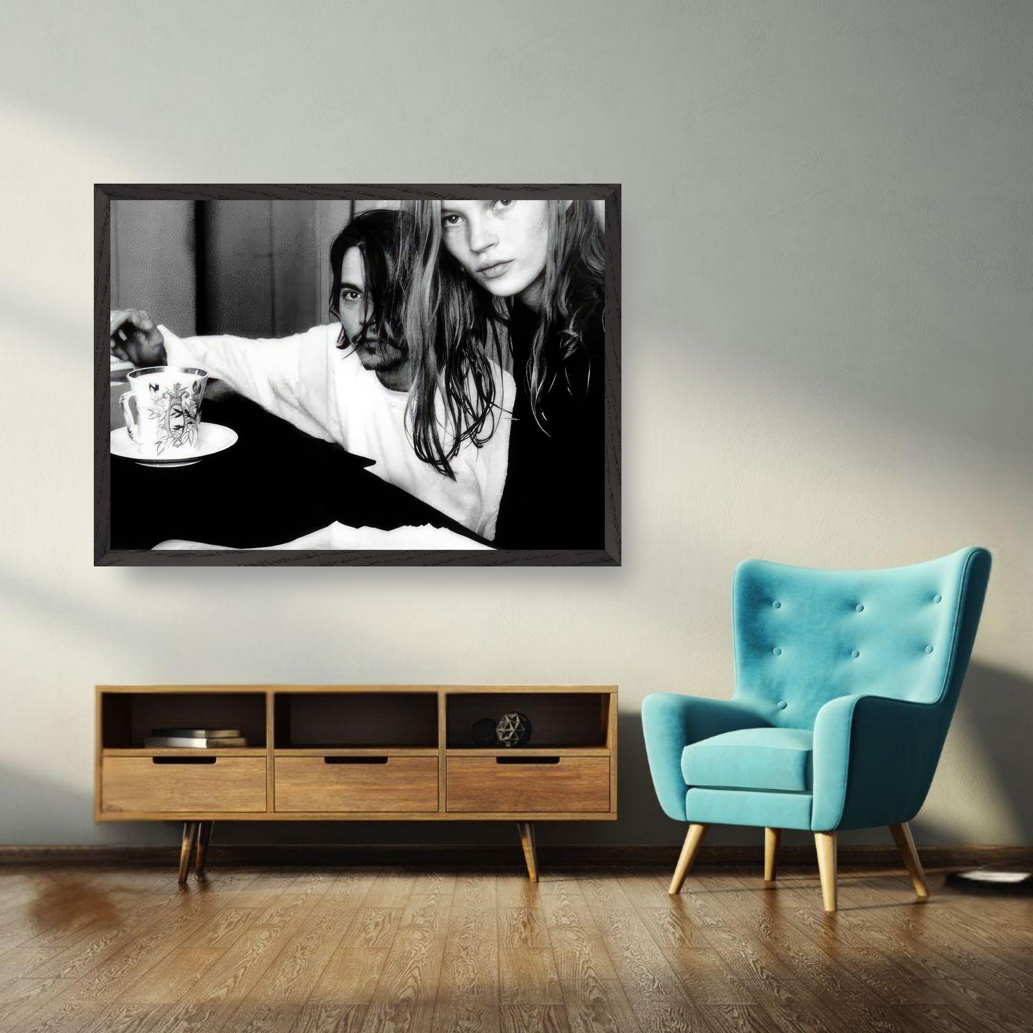 Black-and-white fine art print of Johnny Depp and Kate Moss capturing 90s rebellion and romance.