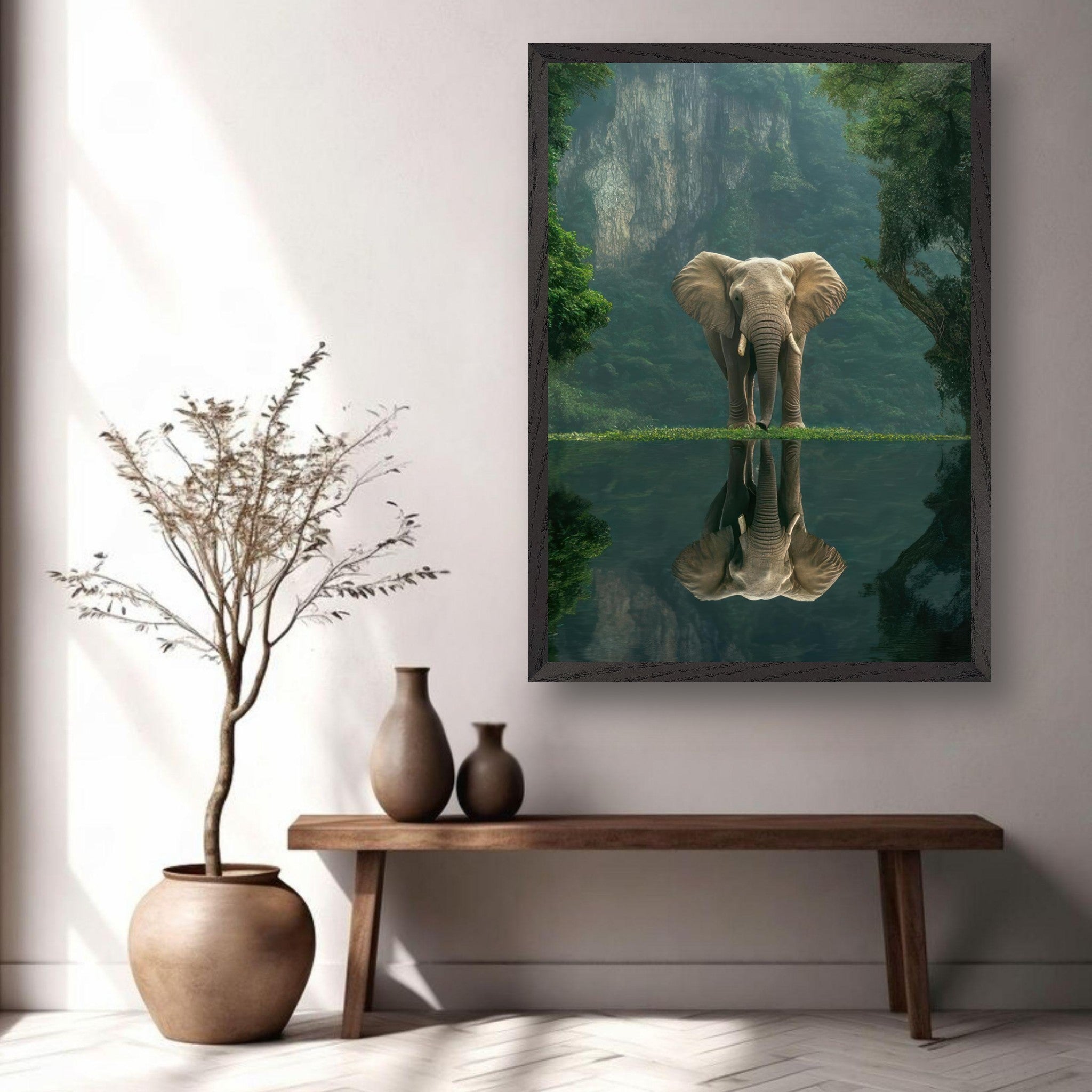 Jungle Elephant Portrait fine art print showcasing an elephant reflected in tranquil water surrounded by lush greenery.