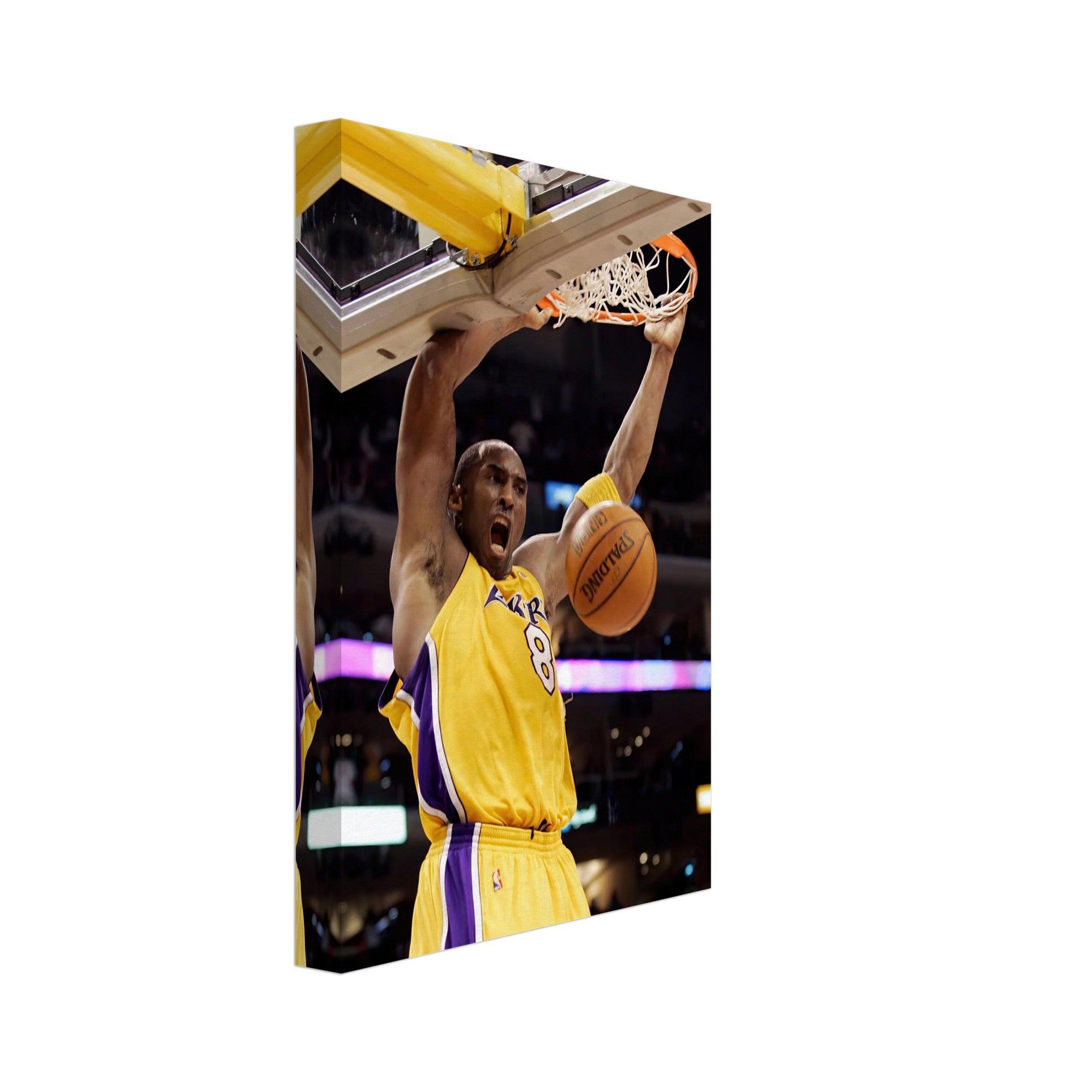 Kobe Bryant soaring for a slam dunk in purple and gold jersey, captured in high-definition canvas print art.