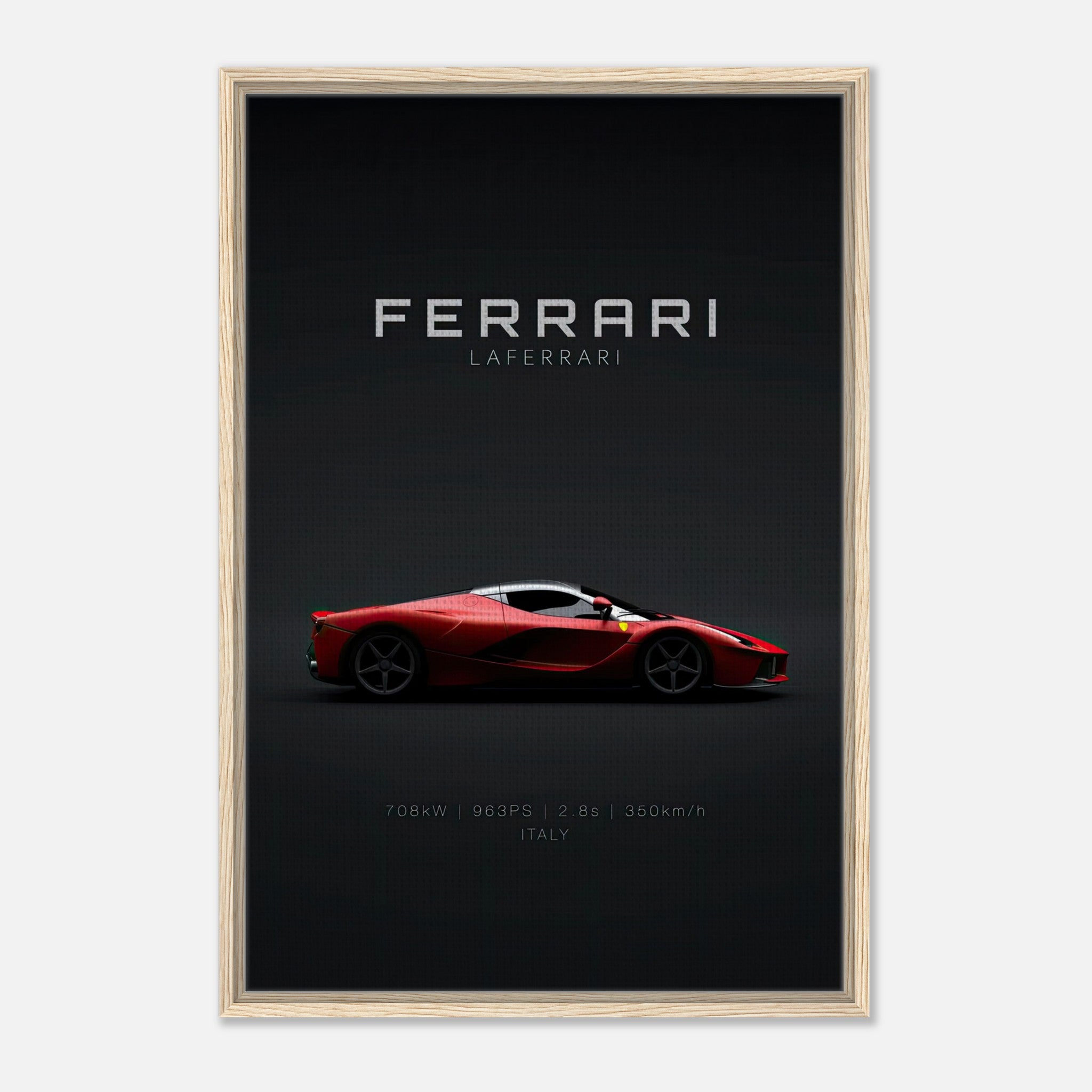 Ferrari Laferrari Framed Canvas featuring sleek red supercar design on black backdrop, perfect for luxury decor.