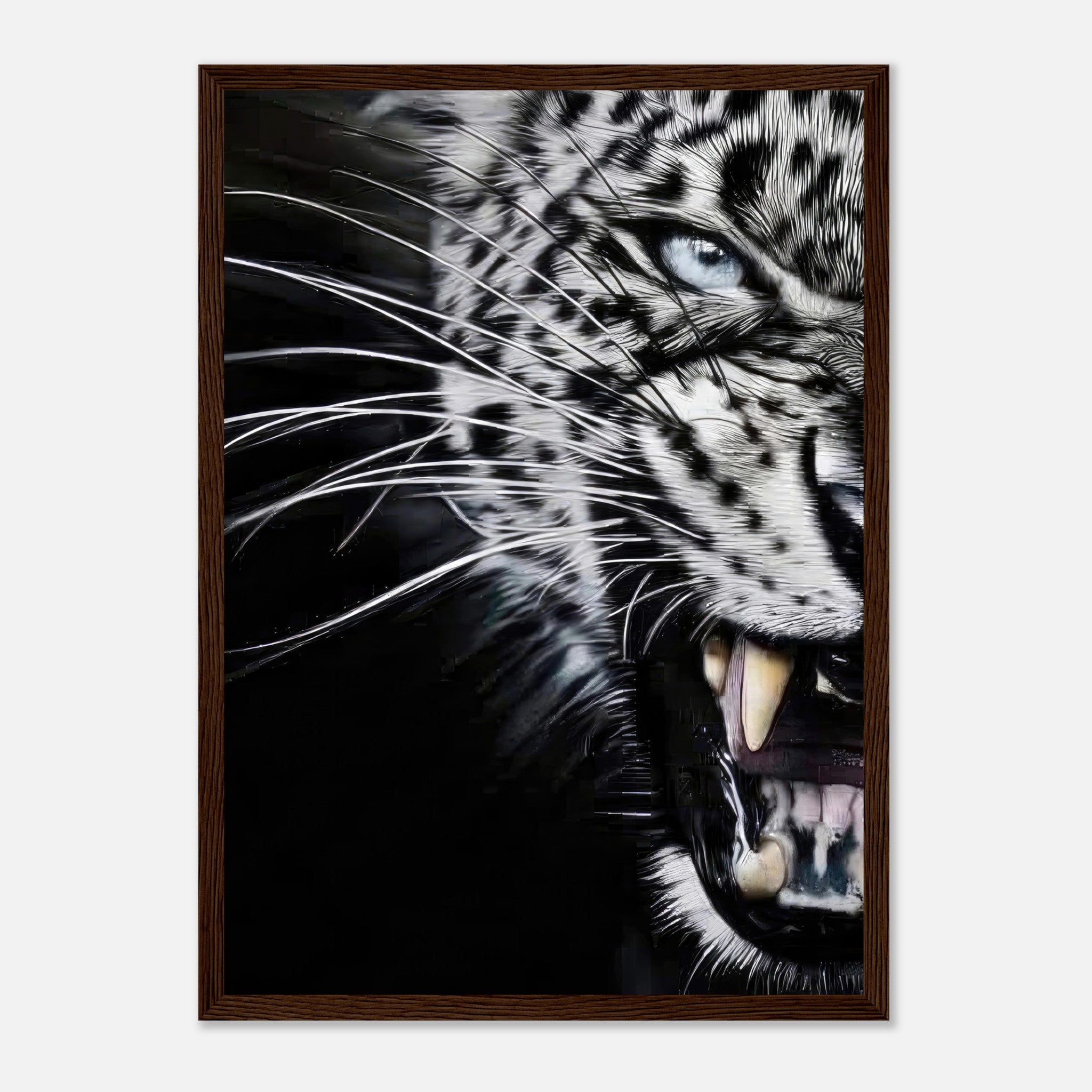 Leopard close-up portrait framed print displaying fierce expression and intricate details, perfect for wildlife enthusiasts.