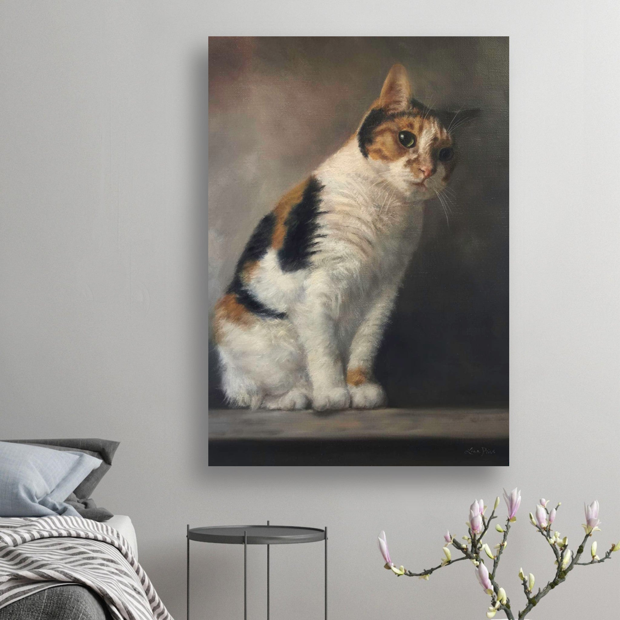 Realistic cat portrait painting poster showcasing a lifelike feline with detailed textures and warm tones.