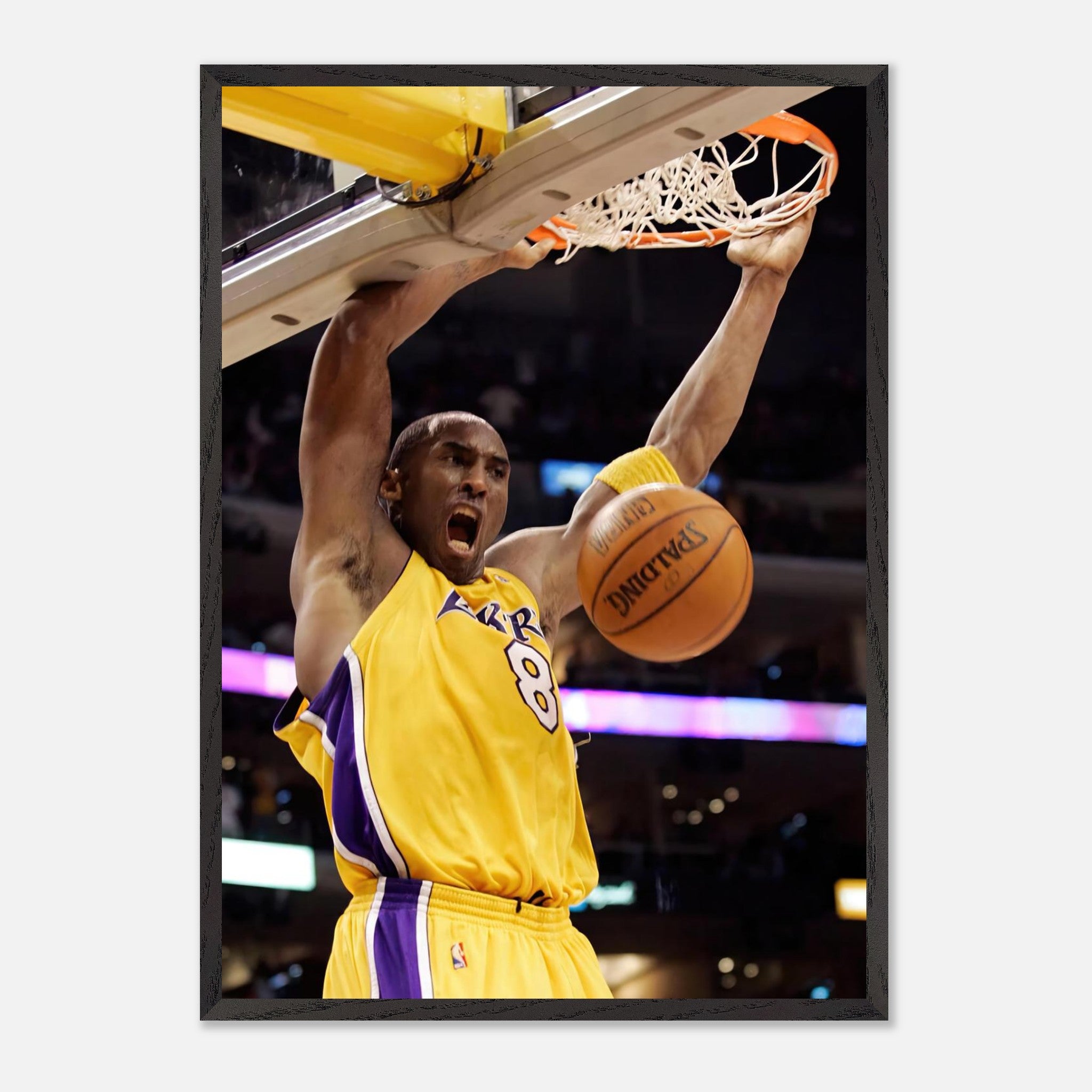 Kobe Bryant's iconic slam dunk vintage framed print showcasing his athleticism and intensity on the basketball court.