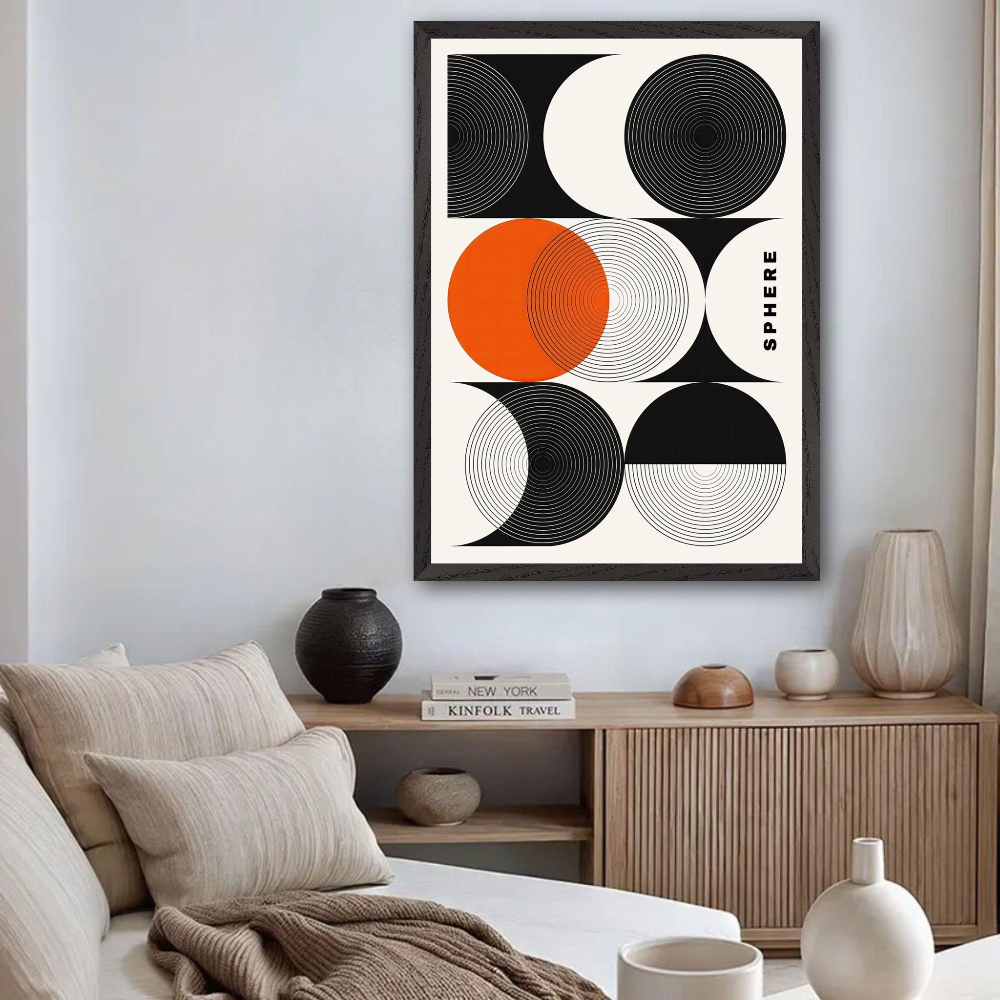 Abstract geometric sphere art print in modern living room showcasing bold design and concentric circles.