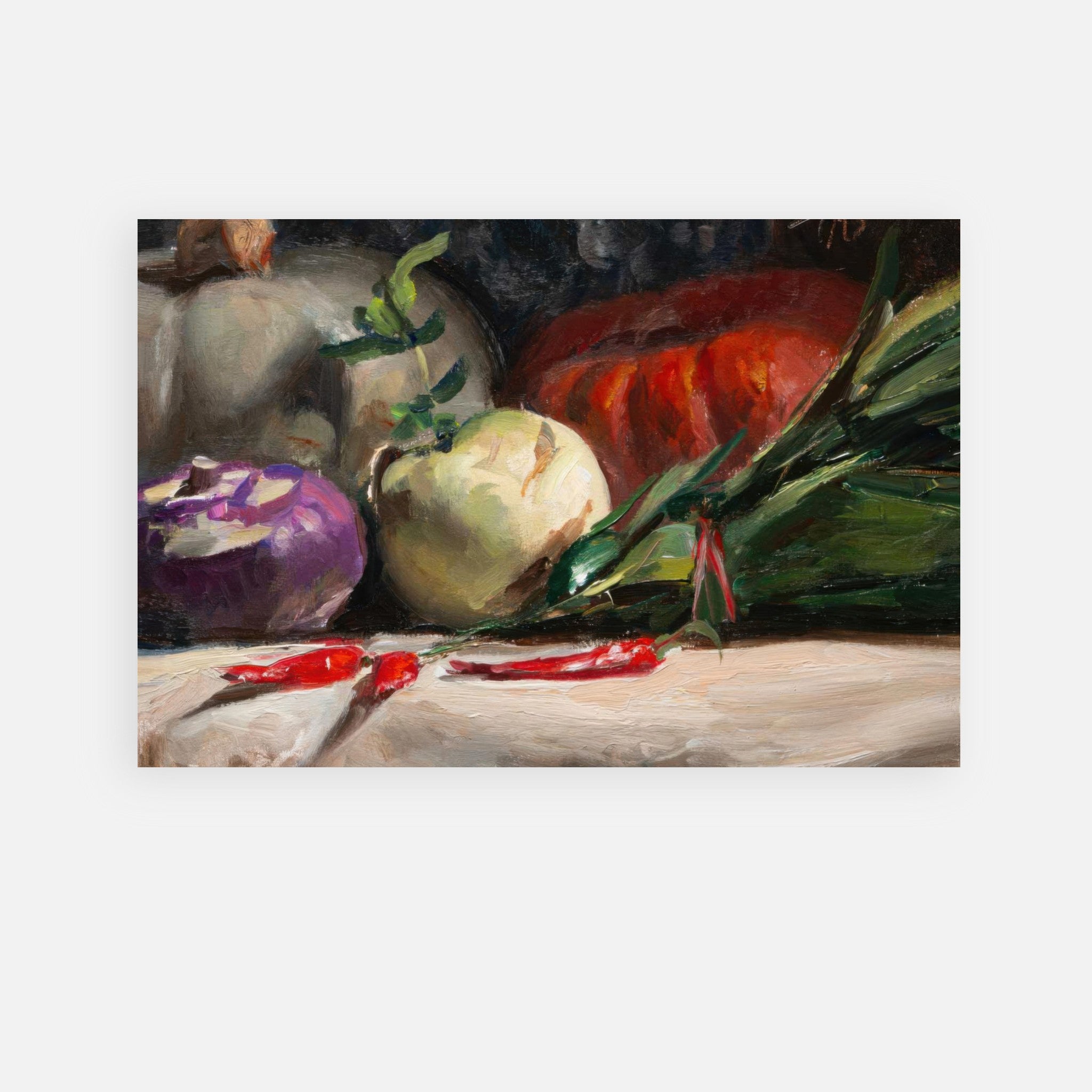 Kohlrabi, pumpkins, and chilis metal print showcasing vibrant colors and rustic charm for kitchen decor.
