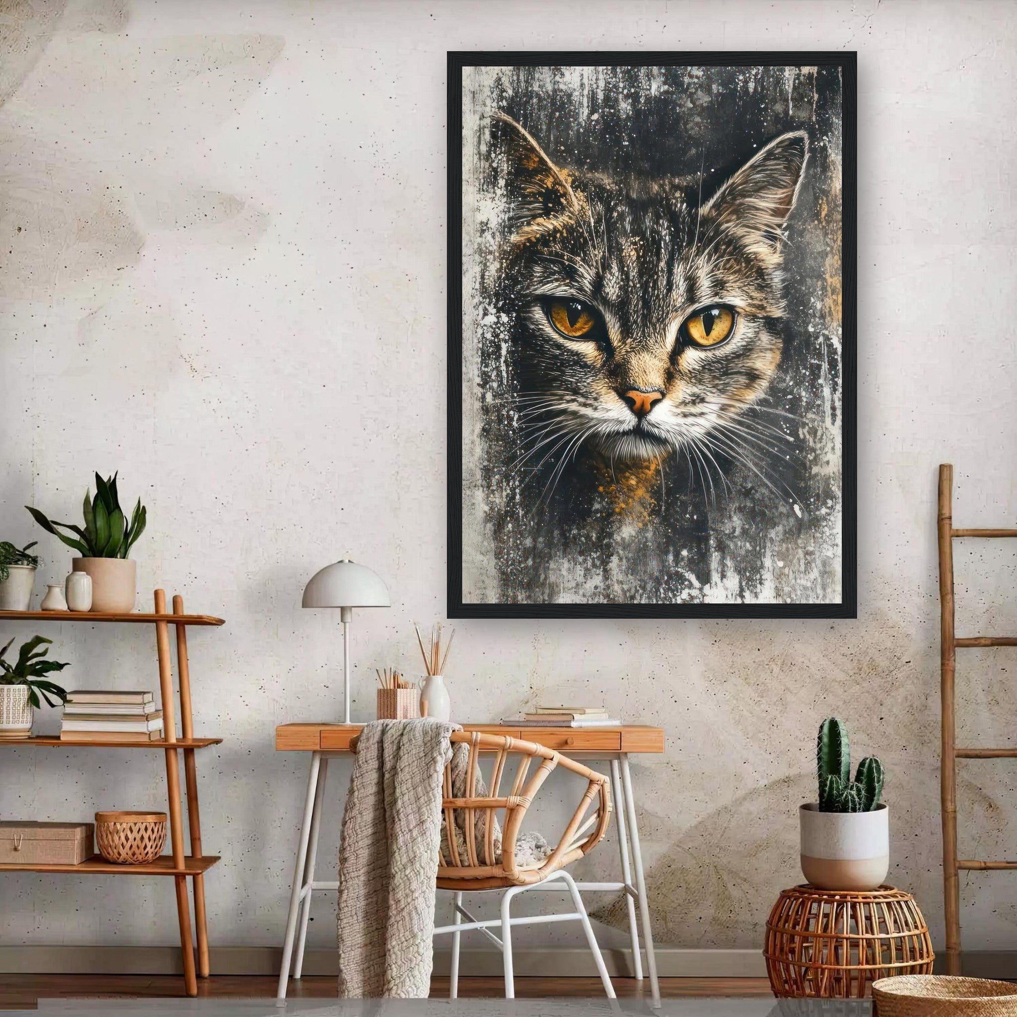 Framed cat painting artwork with golden eyes on a textured background, enhancing home decor.