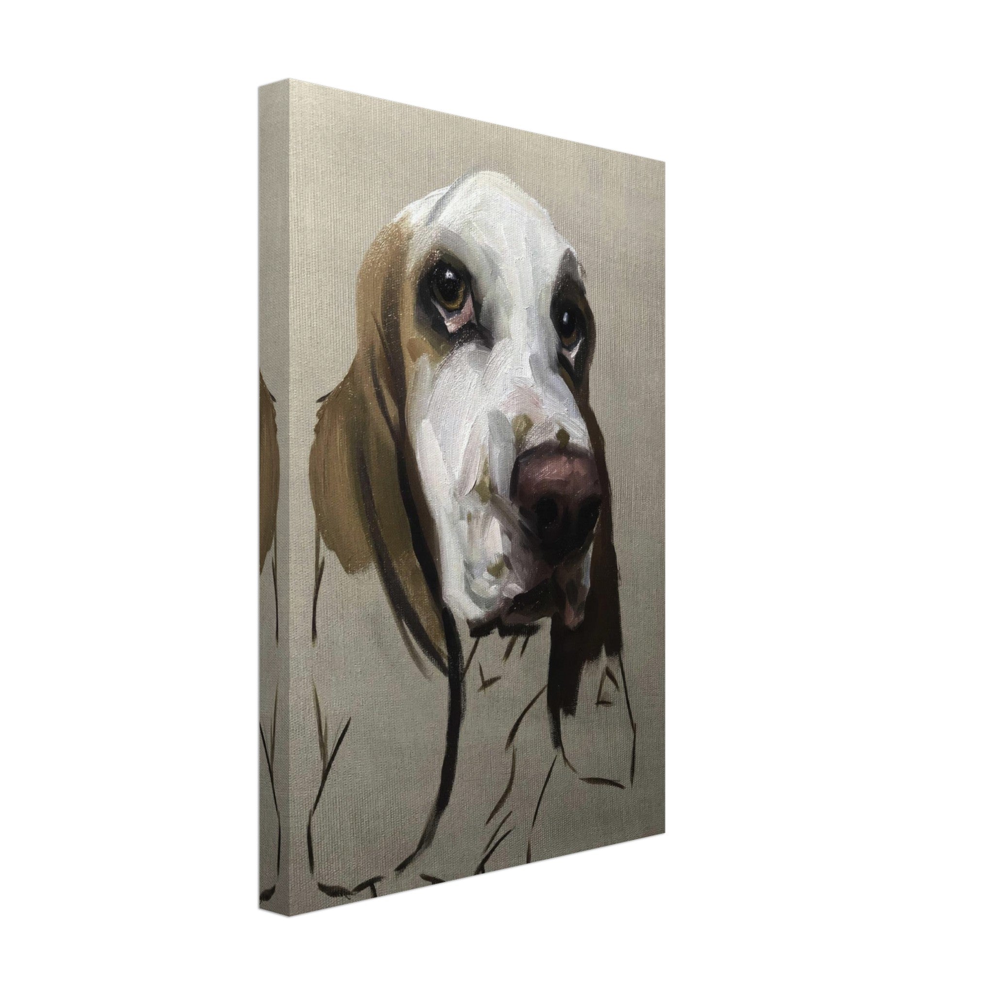 Basset Hound dog painting canvas print, featuring a soulful expression and detailed portrait.
