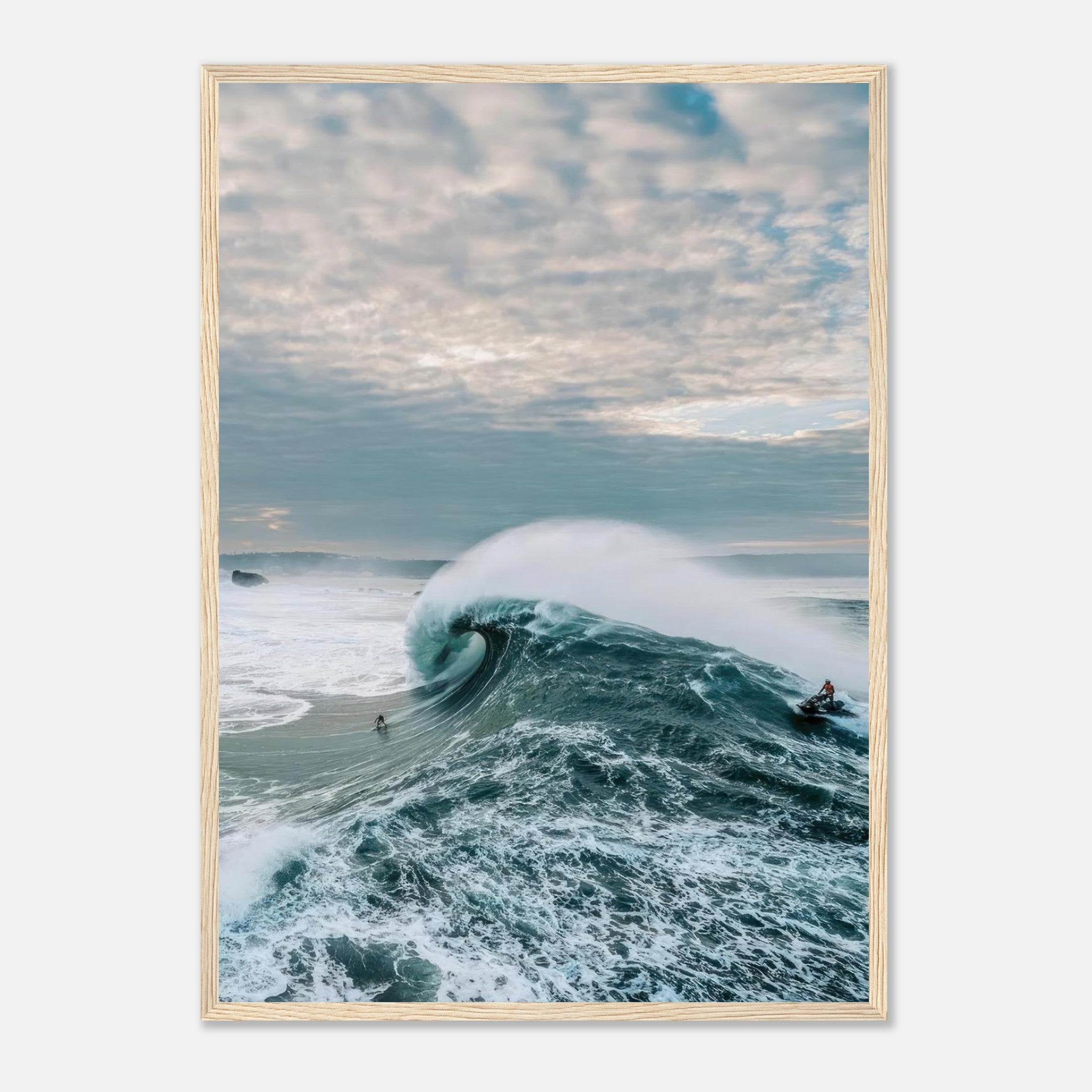 Big Wave Surfing Framed Print featuring a surfer riding a massive wave under a dramatic sky, showcasing ocean power.