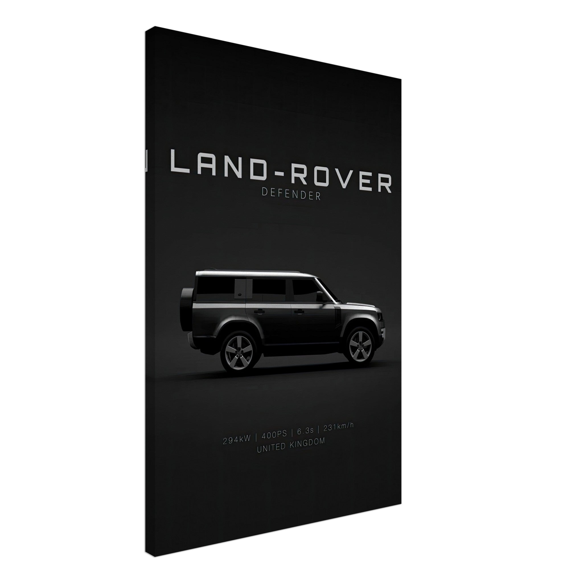 Land Rover Defender canvas art showcasing a sleek side profile against a minimalist black background.