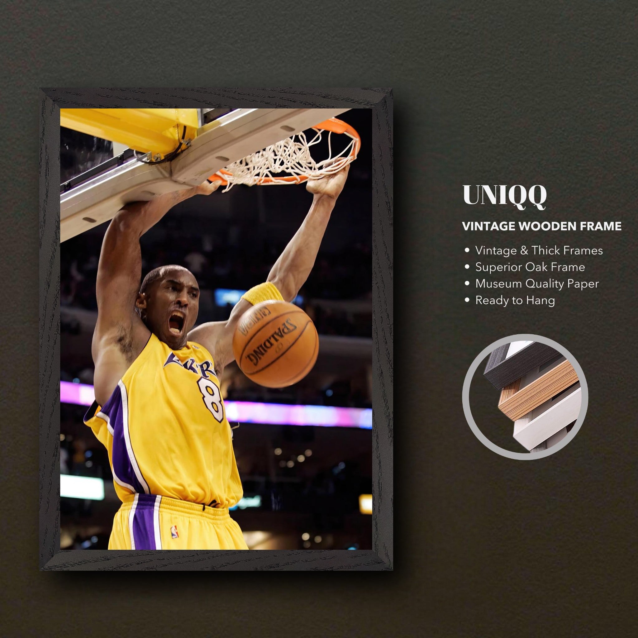 Kobe Bryant's vintage framed print capturing his iconic slam dunk, showcasing athleticism and passion for basketball.