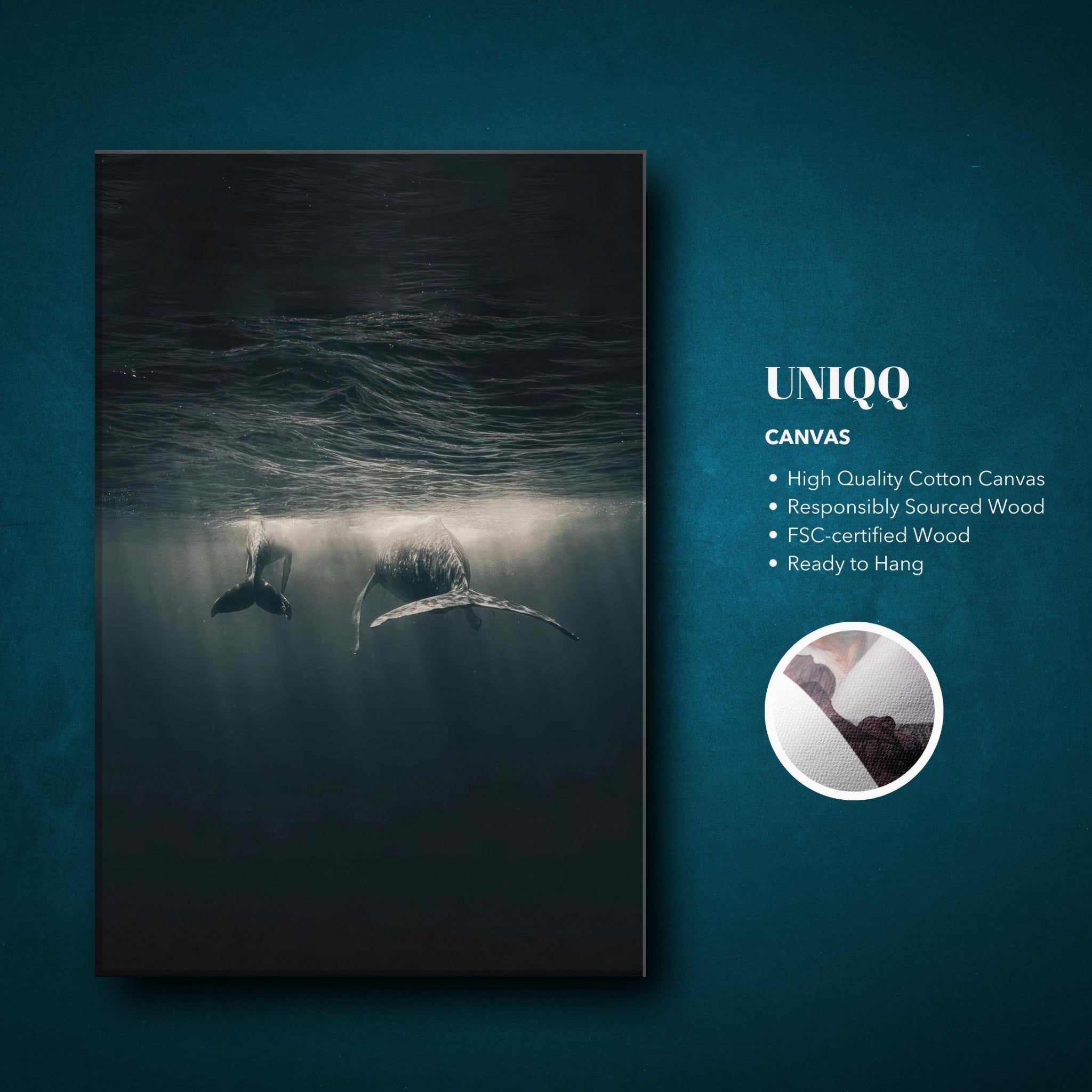 Whales in ocean underwater canvas print showcasing two whales gliding beneath the surface with soft light illumination.