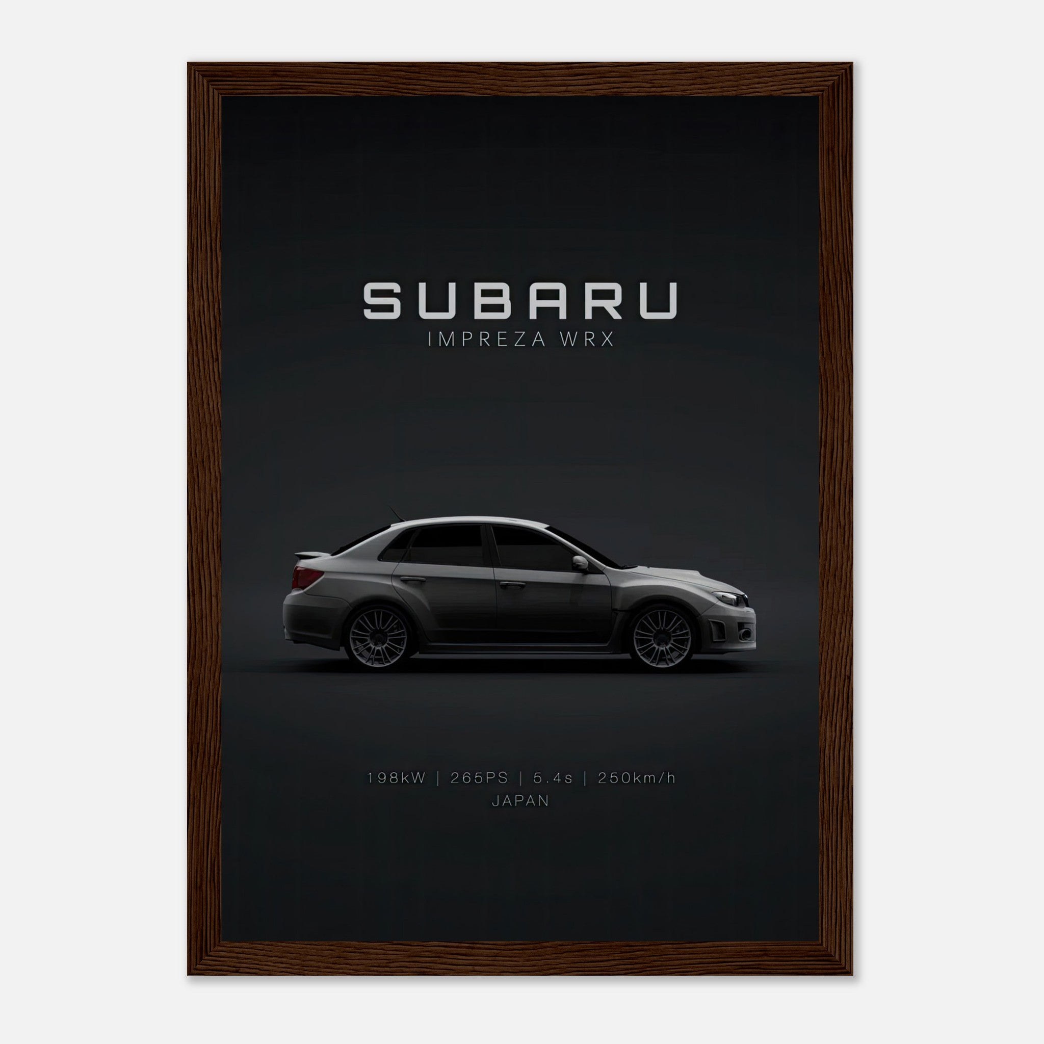 Framed poster of Subaru Impreza WRX showcasing its sleek design and performance details on a dark background.