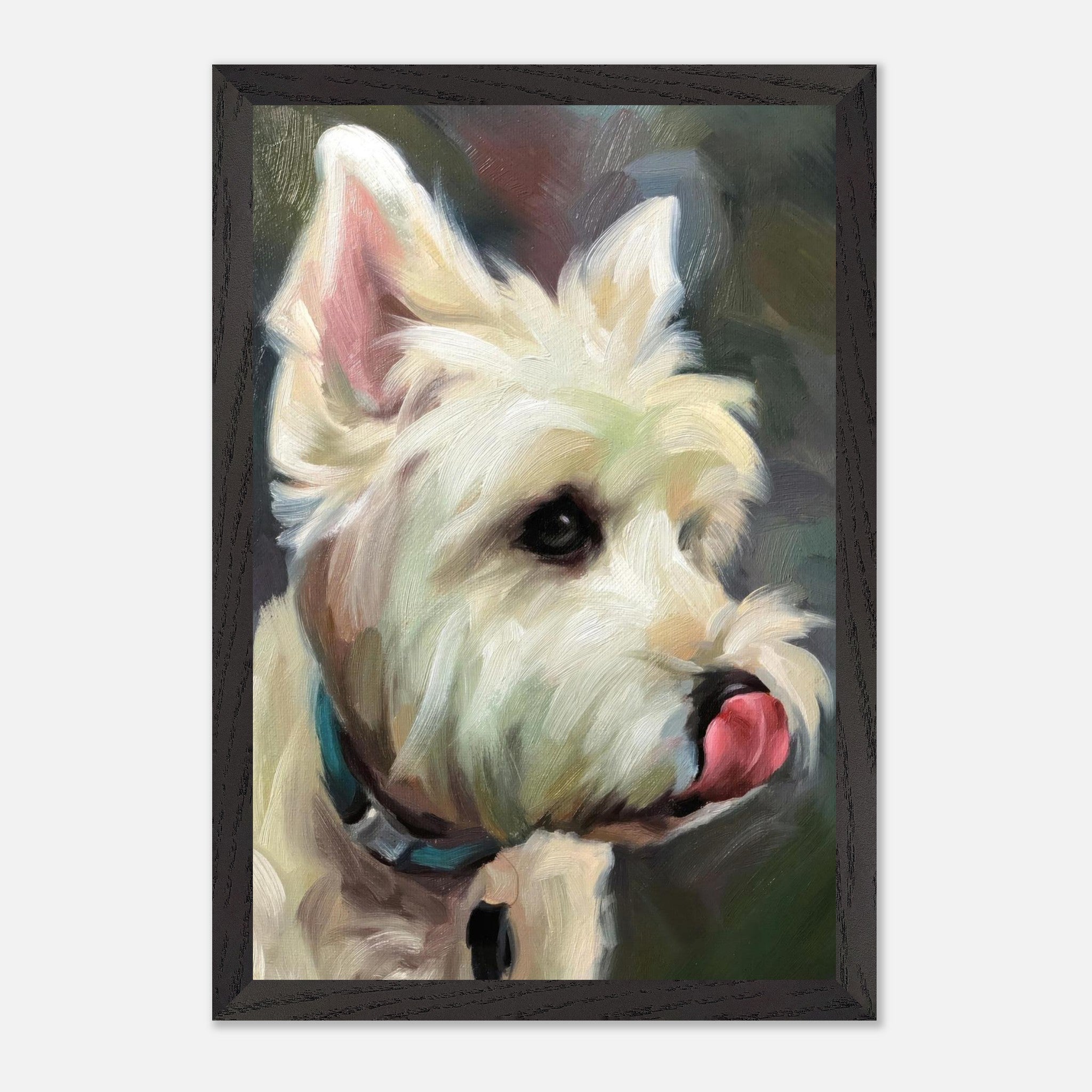 Westie dog painting in fine art style, depicting a fluffy white terrier with expressive features and playful demeanor.