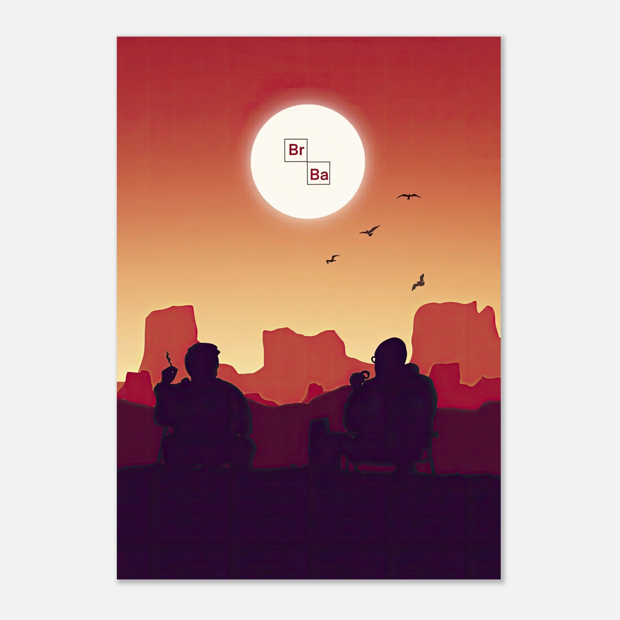 Sunset Breaking Bad poster featuring two silhouettes against a desert sunset with 'Br Ba' logo. Perfect for fans of the series.