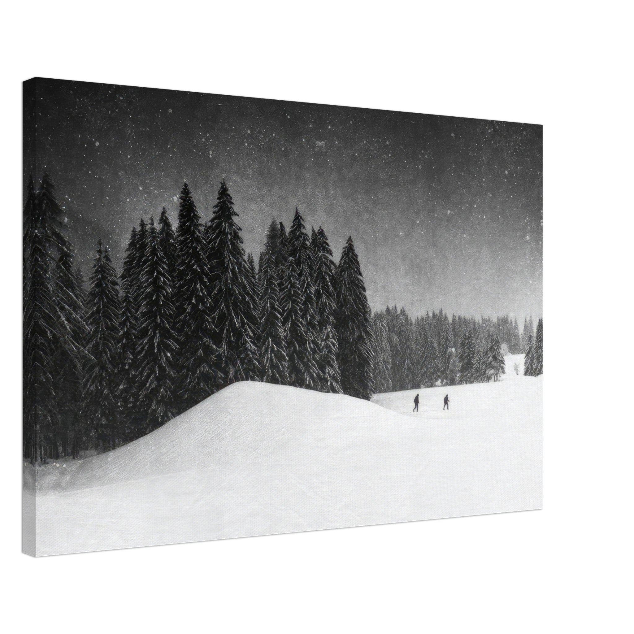 Serene winter landscape canvas featuring snow-covered evergreens and distant figures in a snowy forest.