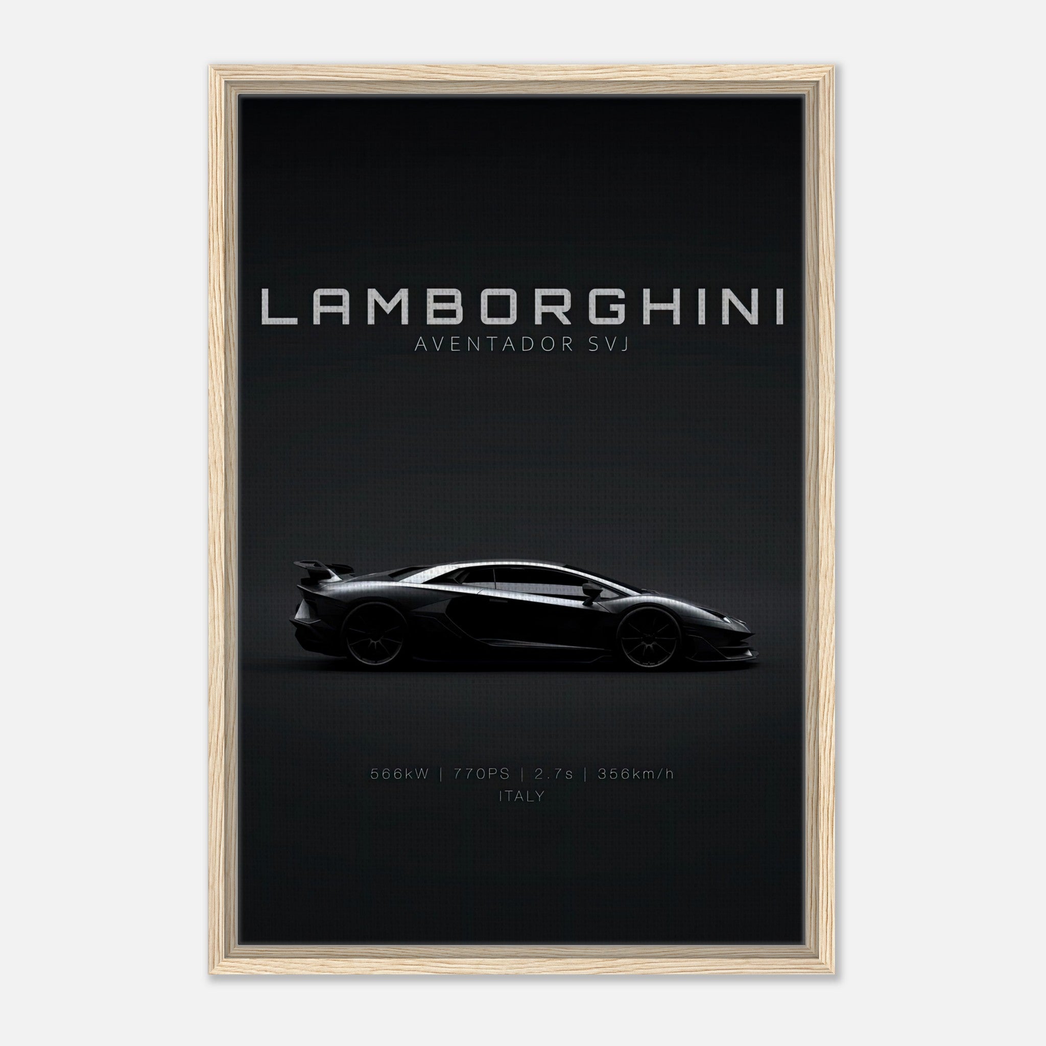 Lamborghini Aventador SVJ framed canvas artwork showcasing its sleek design and powerful silhouette.