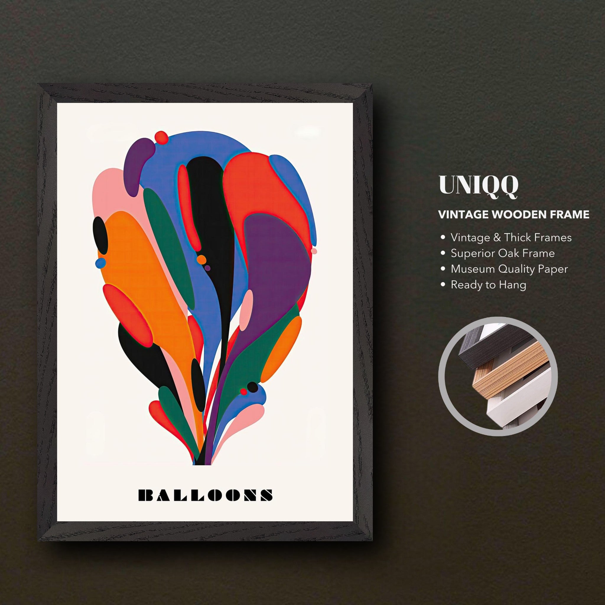 Abstract balloon art print in a vintage wooden frame, featuring vibrant colors and fluid shapes on museum quality paper.