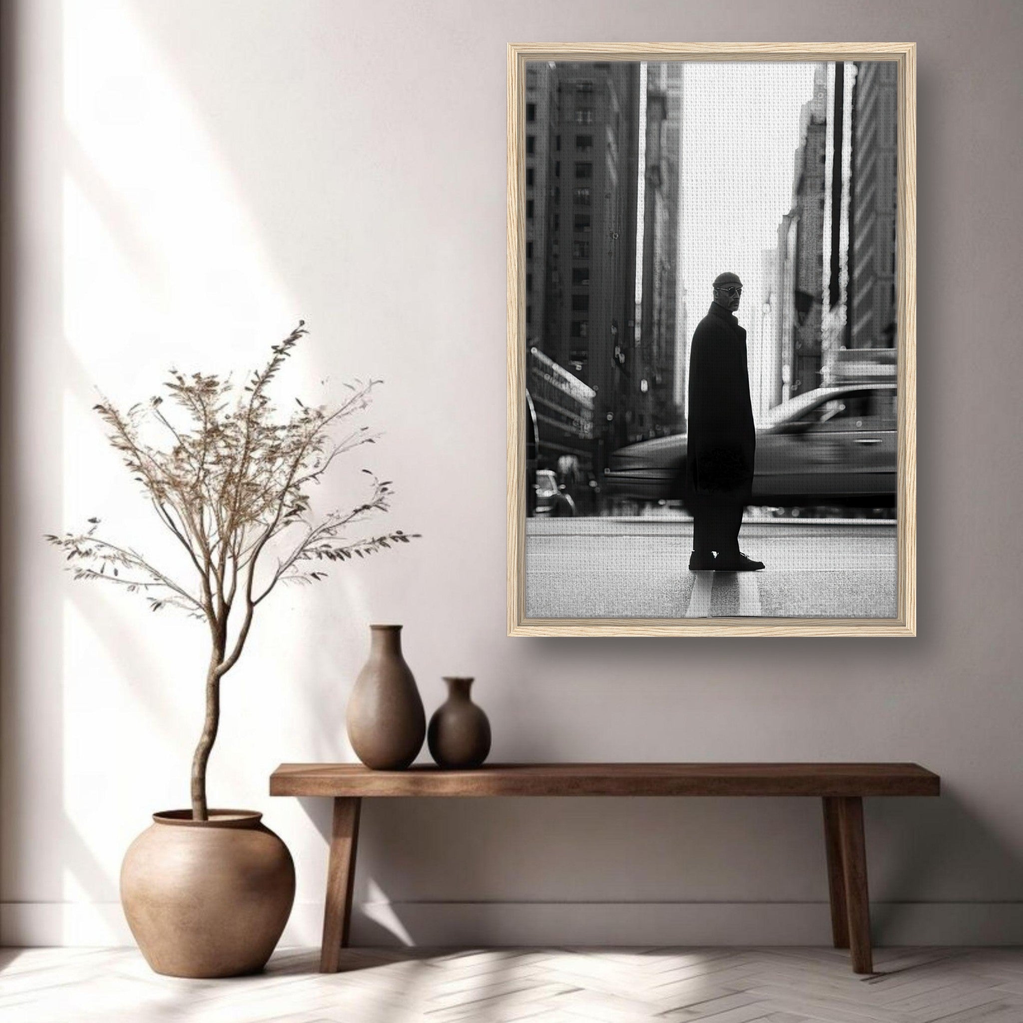 Jean Reno as Leon in New York, framed black-and-white canvas artwork in modern living room setting.